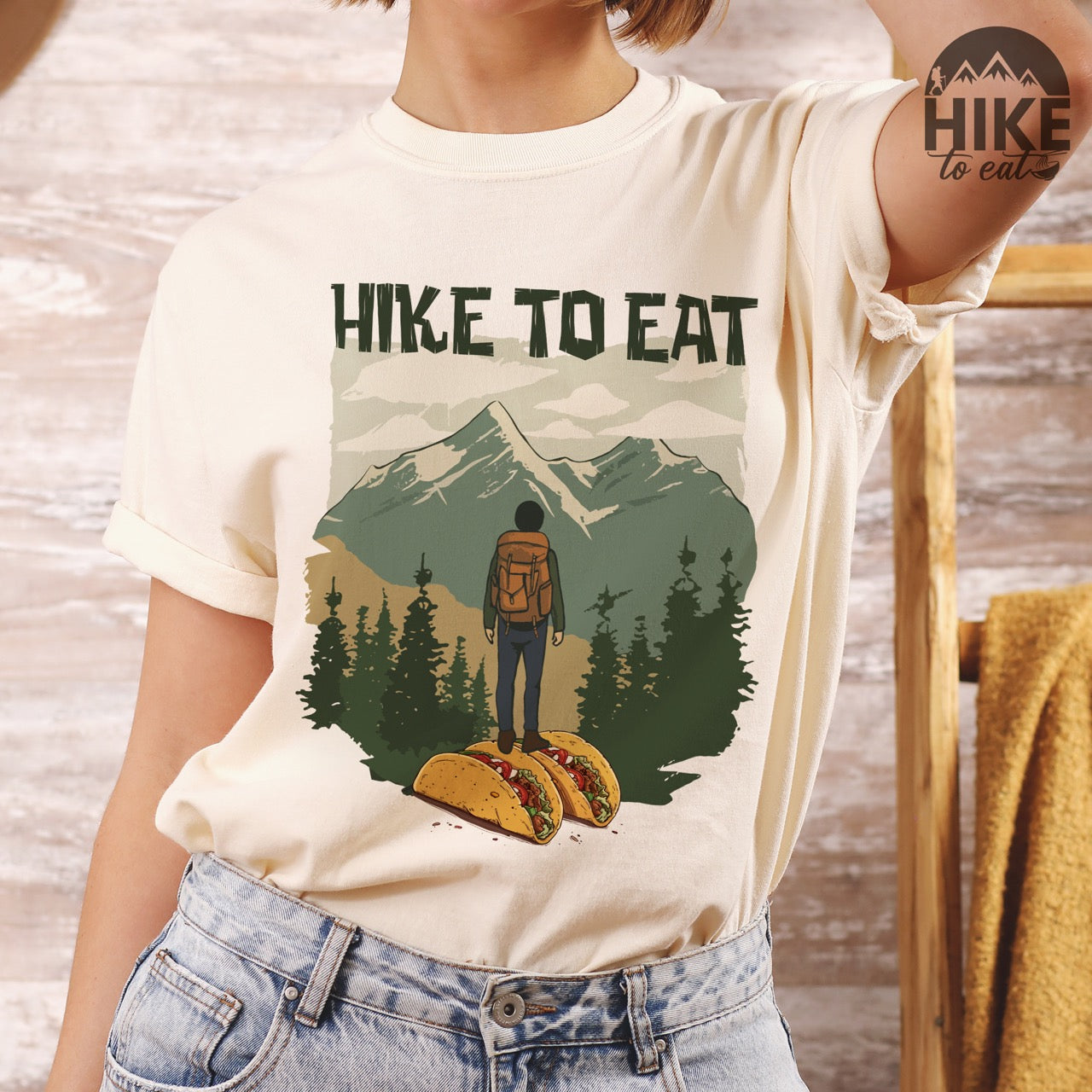 Ivory Hike to Eat vintage mountain hiker and taco graphic t-shirt - funny hiking shirt for outdoor adventurers, backpackers, and taco enthusiasts