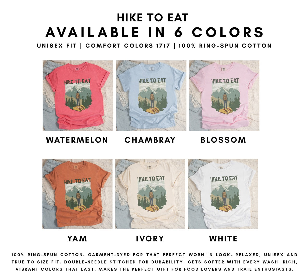 Hike to Eat vintage mountain hiker and taco graphic t-shirt - funny hiking shirt for outdoor adventurers, backpackers, and taco enthusiasts in 6 different colors