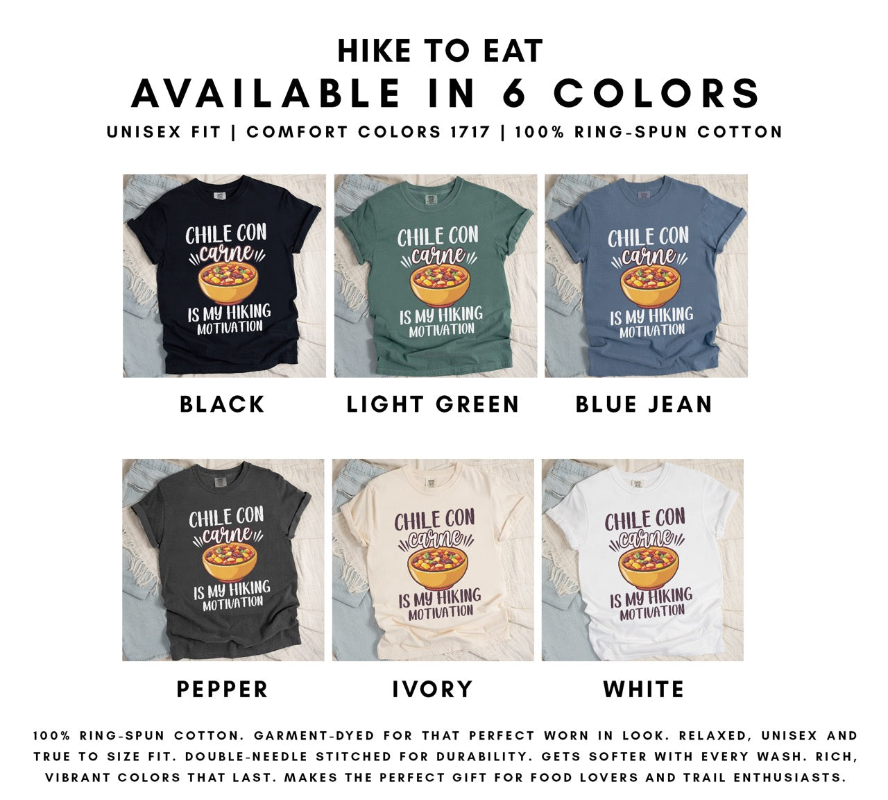 Chile con carne is my Hiking Motivation statement tee with bold typography, script lettering, and colorful chili bowl illustration for comfort food-loving outdoor enthusiasts in 6 different colors