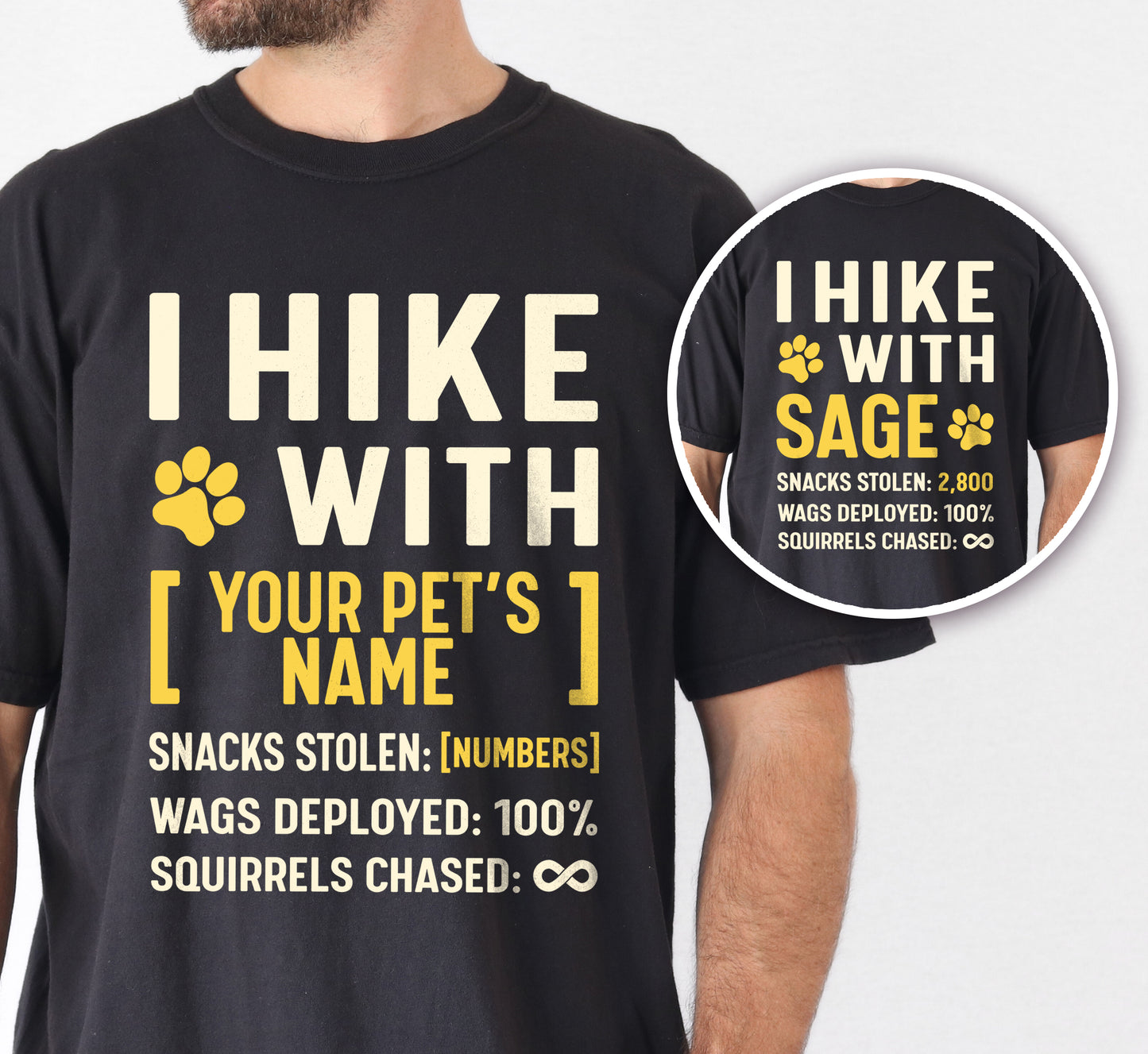 Black graphic t-shirt with 'Personalized Trail Companion' design featuring 'I Hike with' text and customizable pet name field in cream and yellow lettering with paw prints, plus hiking stats with customizable snacks stolen number, wags deployed 100%, and squirrels chased infinity, shown with close-up detail.