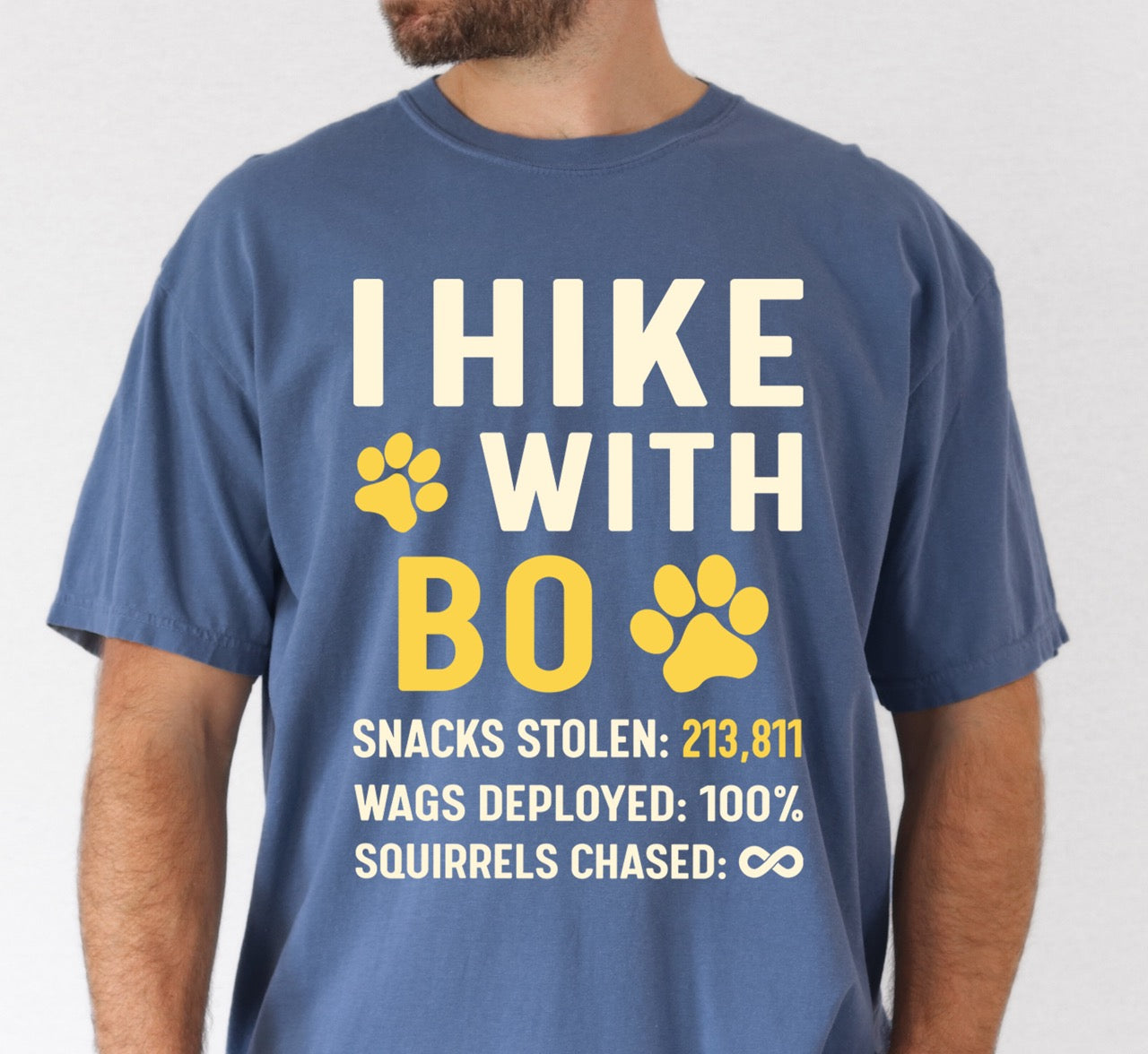 Man wearing Blue Jean (blue) Personalized dog hiking shirt I Hike with custom pet name of Bo featuring paw print graphic, funny adventure statistics including snacks stolen of 213, 811, wags deployed and squirrels chased on Comfort Colors tee for outdoor pet lovers