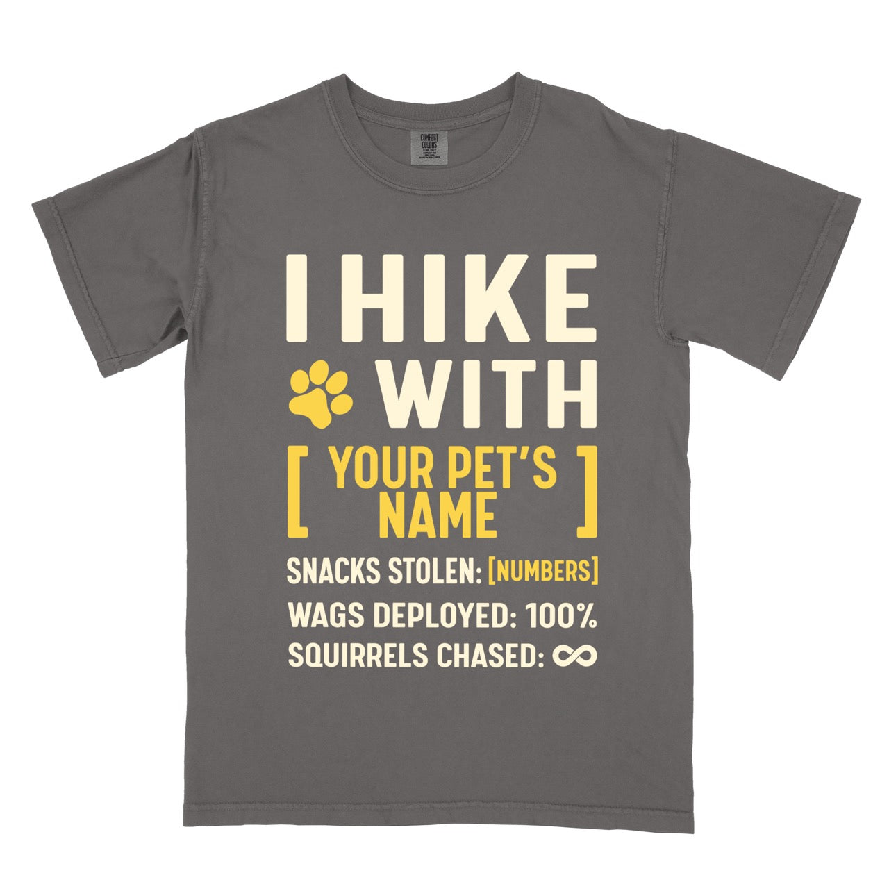 Pepper (grey) Personalized dog hiking shirt I Hike with custom pet name featuring paw print graphic, funny adventure statistics including snacks stolen wags deployed and squirrels chased on Comfort Colors tee for outdoor pet lovers