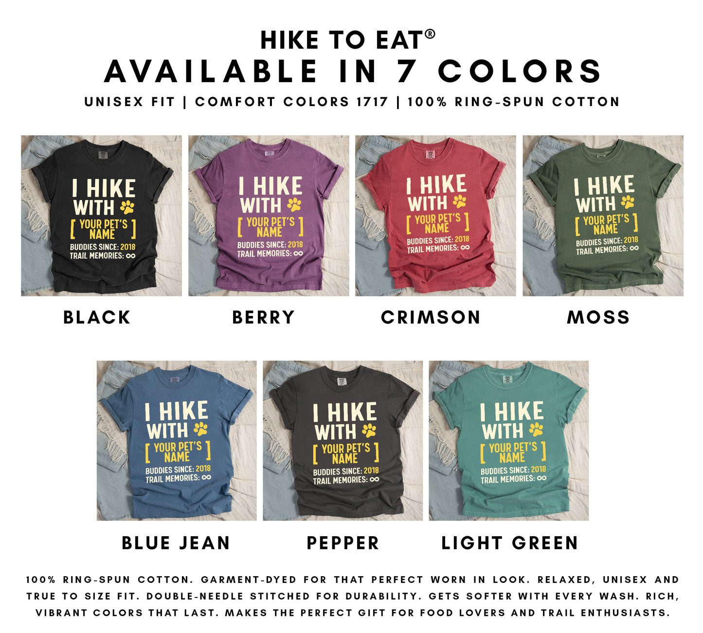 Trail Buddies Personalized t-shirt color options chart showing 7 available colors: black, berry, crimson, moss, blue jean, pepper, and light green with customizable pet name and year design featuring paw prints.