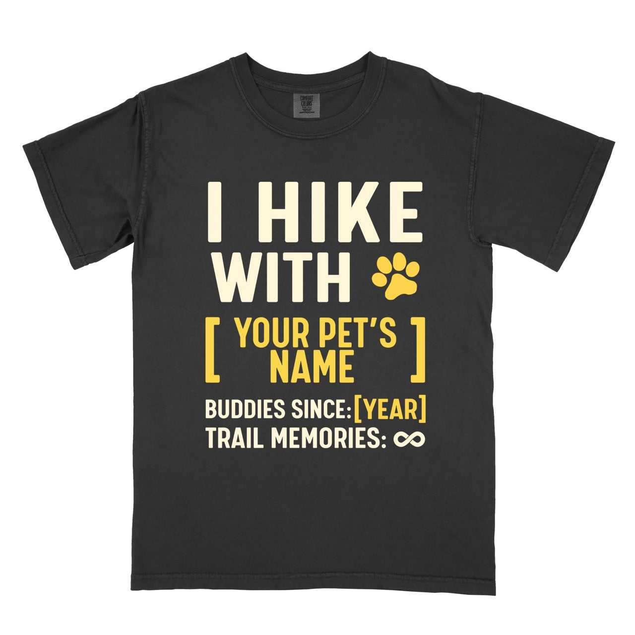Black Personalized trail buddies shirt for dog hikers with custom pet name paw print and buddies since year featuring infinite memories design perfect gift for outdoor enthusiasts and their canine hiking partners