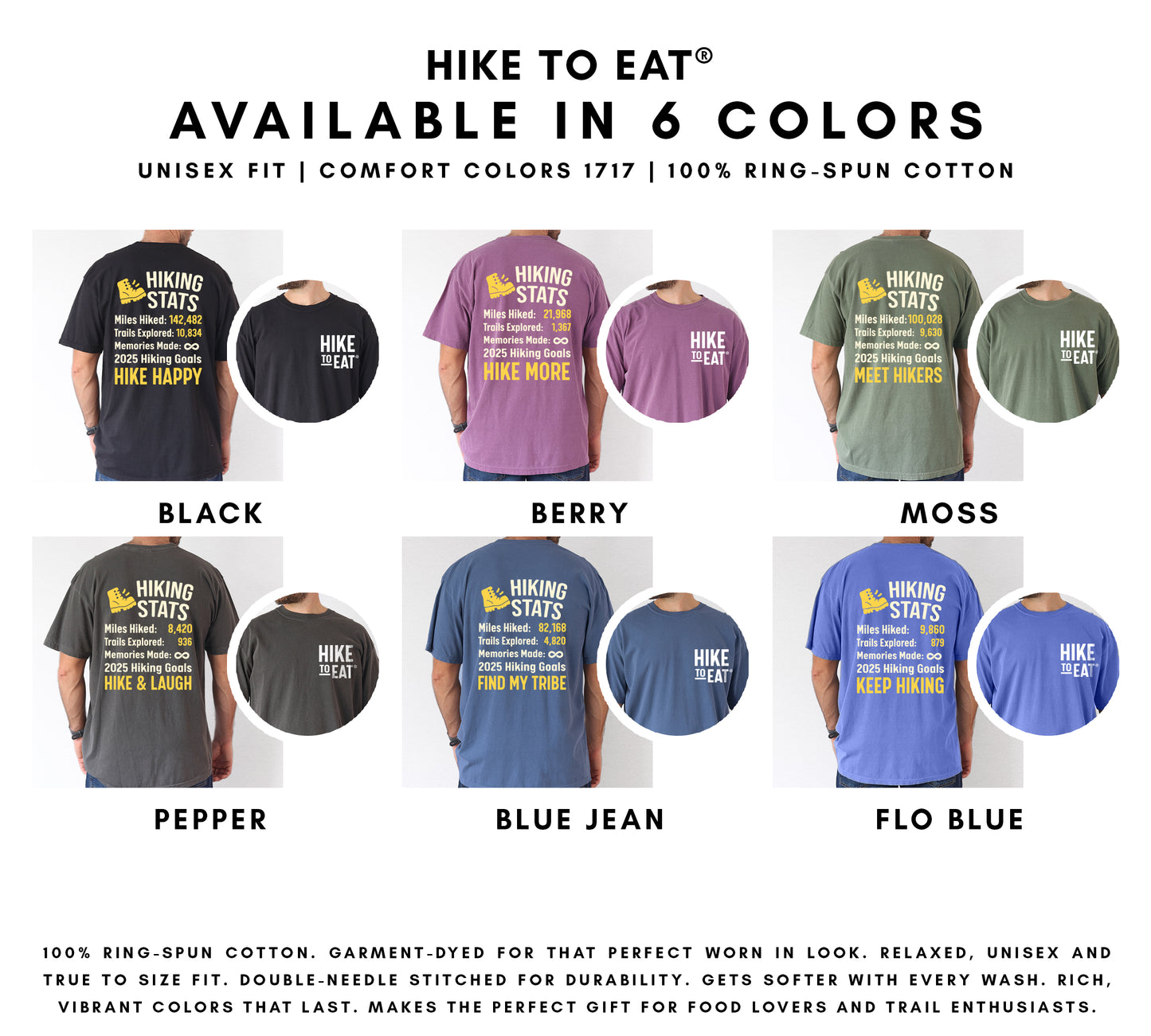 Hiking Stats Personalized t-shirt color options chart showing 6 available colors: black, berry, moss, pepper, blue jean, and flo blue with customizable hiking statistics and goals design featuring yellow hiking boot icon.