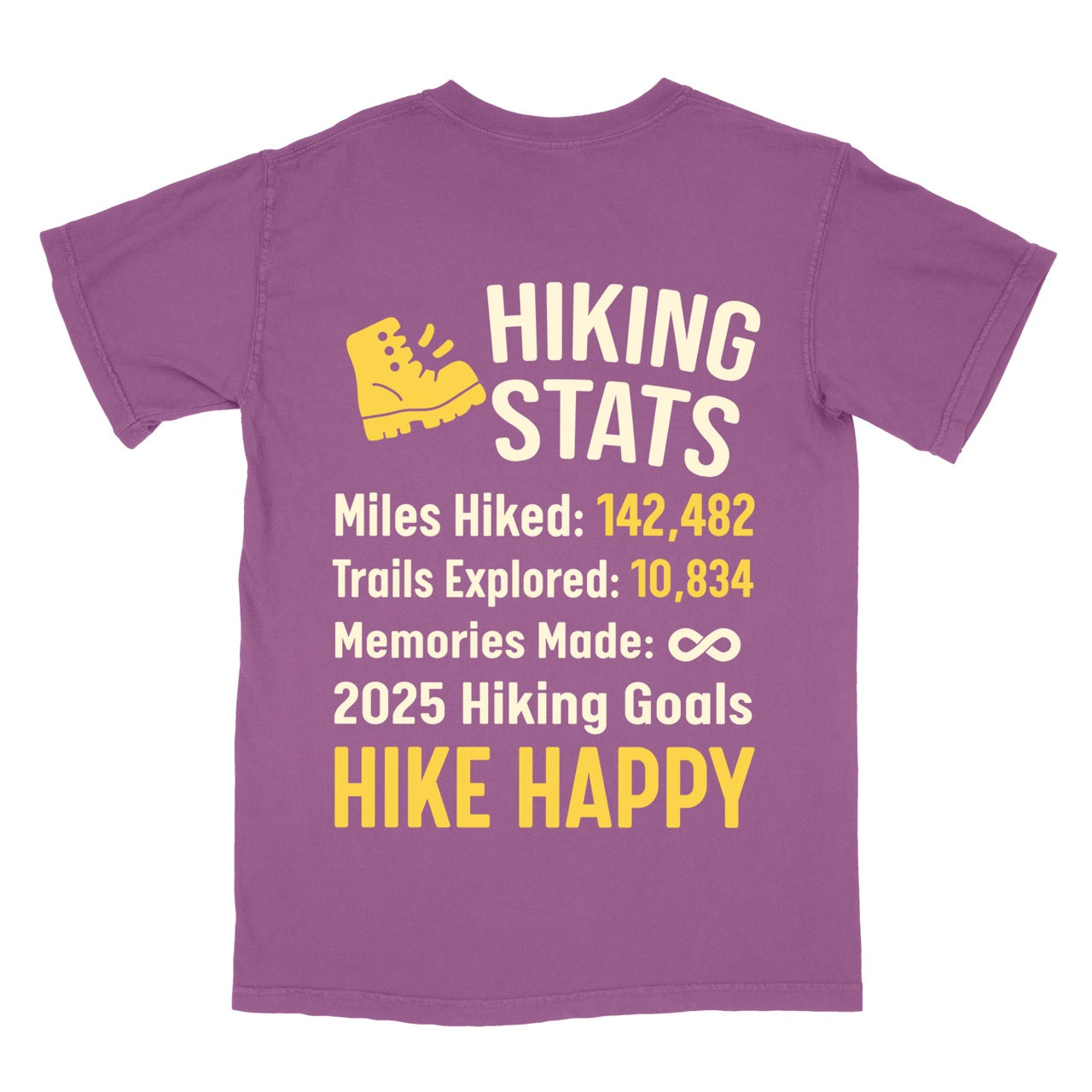 Purple t-shirt with 'Hiking Stats' design on a person, with close-up insets of text details including mile hiked, trails explored, memories made with 2025 hiking goals