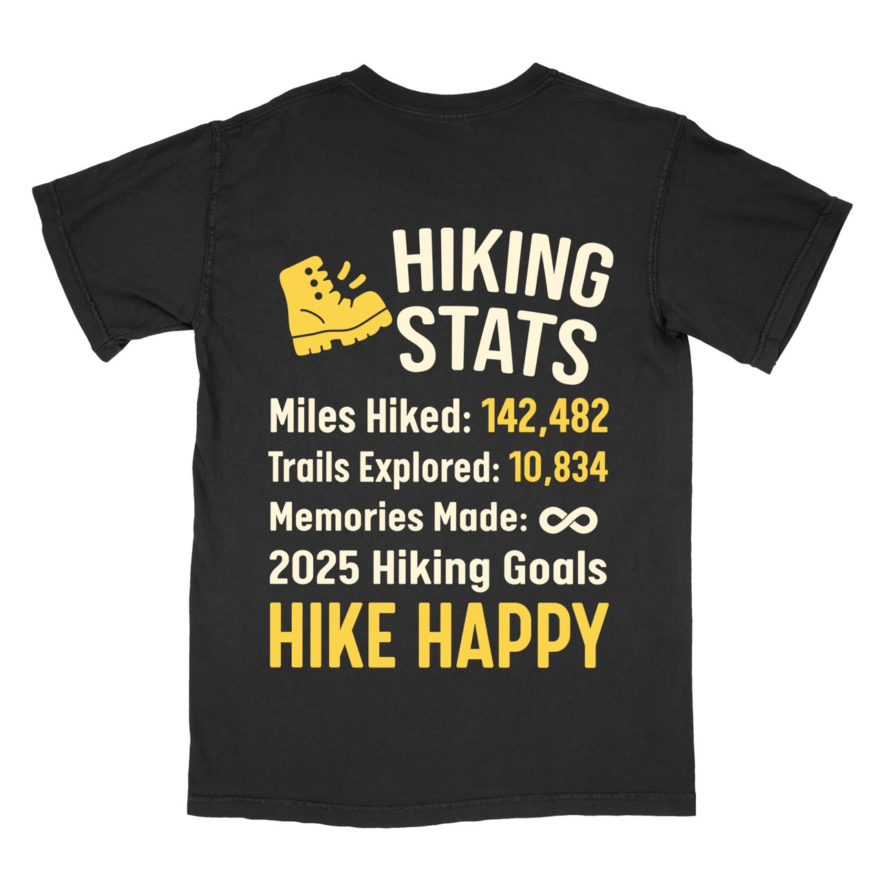 Black t-shirt with 'Hiking Stats' design on a person, with close-up insets of text details including mile hiked, trails explored, memories made with 2025 hiking goals