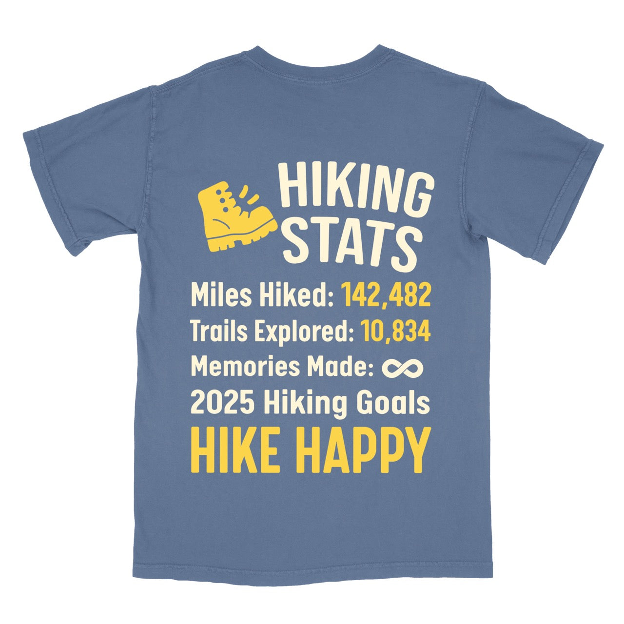 Blue t-shirt with 'Hiking Stats' design on a person, with close-up insets of text details including mile hiked, trails explored, memories made with 2025 hiking goals