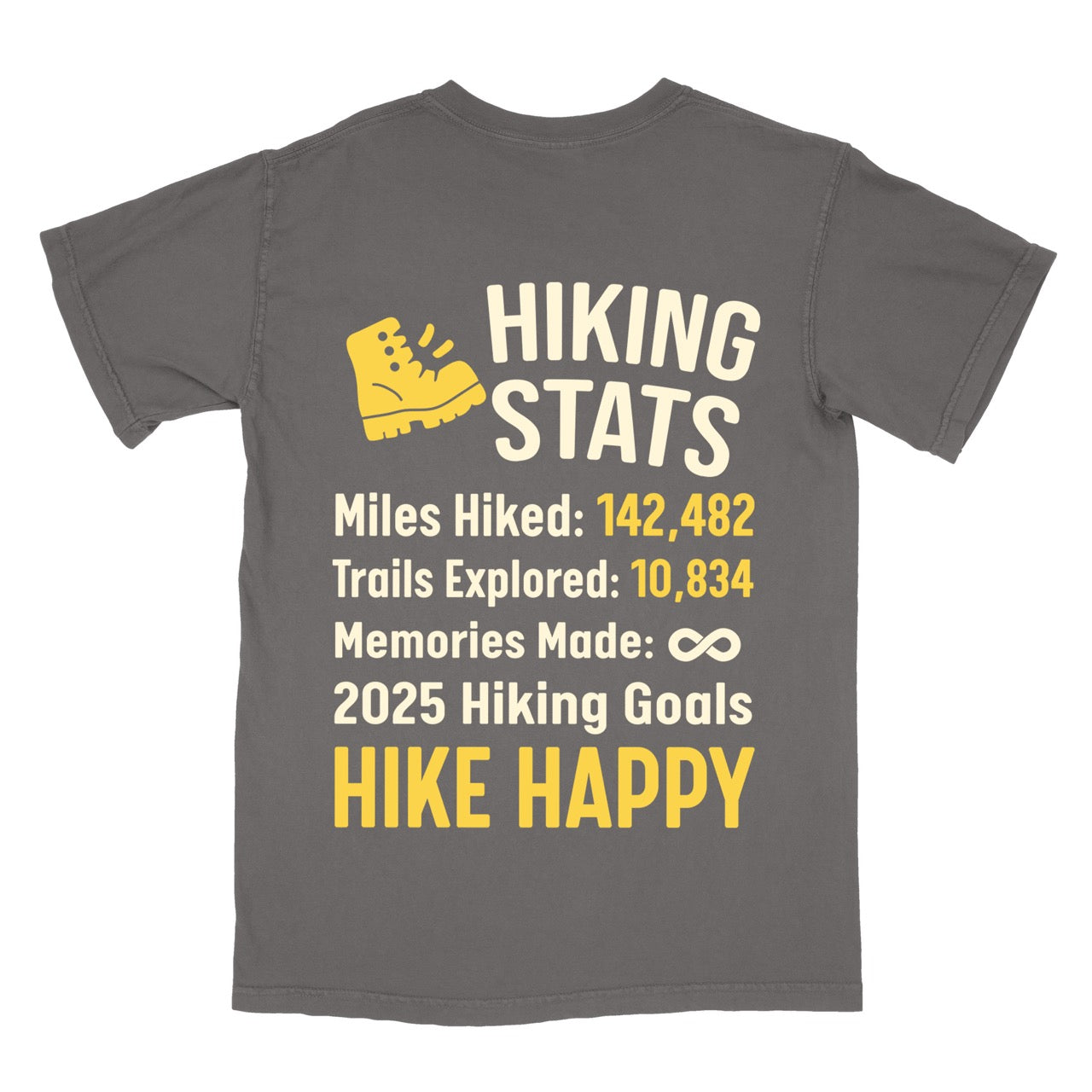 Pepper colored t-shirt with 'Hiking Stats' design on a person, with close-up insets of text details including mile hiked, trails explored, memories made with 2025 hiking goals