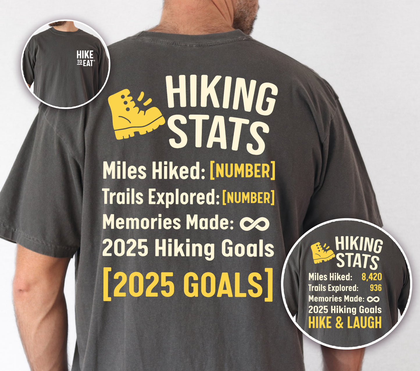 Pepper (Dark Gray) Hike to Eat t-shirt front and back view showing small white chest detail and large back design featuring 'Hiking Stats Personalized' with yellow hiking boot icon, customizable miles hiked and trails explored numbers, memories made infinity, and customizable 2025 hiking goals, shown with close-up detail displaying example stats and 'Hike & Laugh' goal.