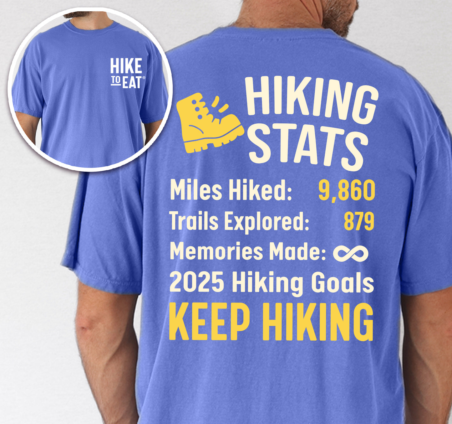 Flo Blue (Bright Blue) Hike to Eat t-shirt front and back view showing small chest detail and large back design featuring 'Hiking Stats Personalized' with yellow hiking boot icon, customizable miles hiked and trails explored numbers, memories made infinity, and customizable 2025 hiking goals, displaying example stats and 'Keep Hiking' goal.