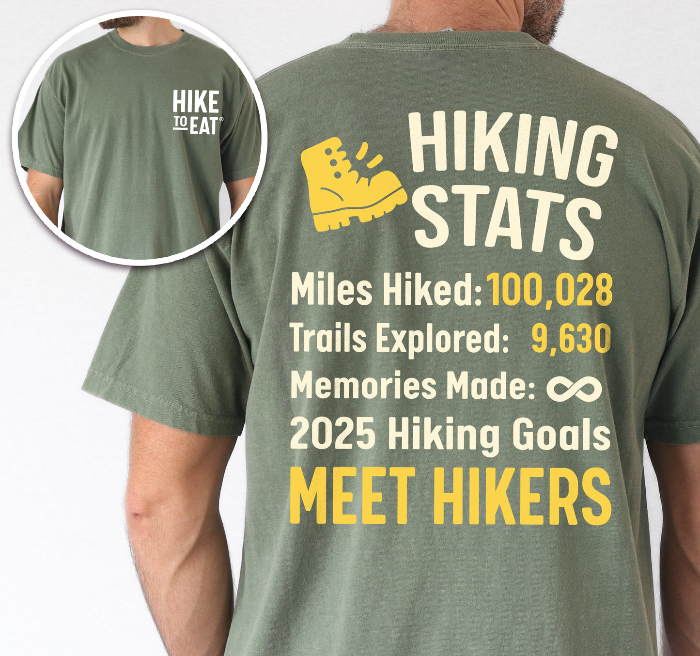 Moss (Dark Green) Hike to Eat t-shirt front and back view showing small chest detail and large back design featuring 'Hiking Stats Personalized' with yellow hiking boot icon, customizable miles hiked and trails explored numbers, memories made infinity, and customizable 2025 hiking goals, displaying example stats and 'Meet Hikers' goal.