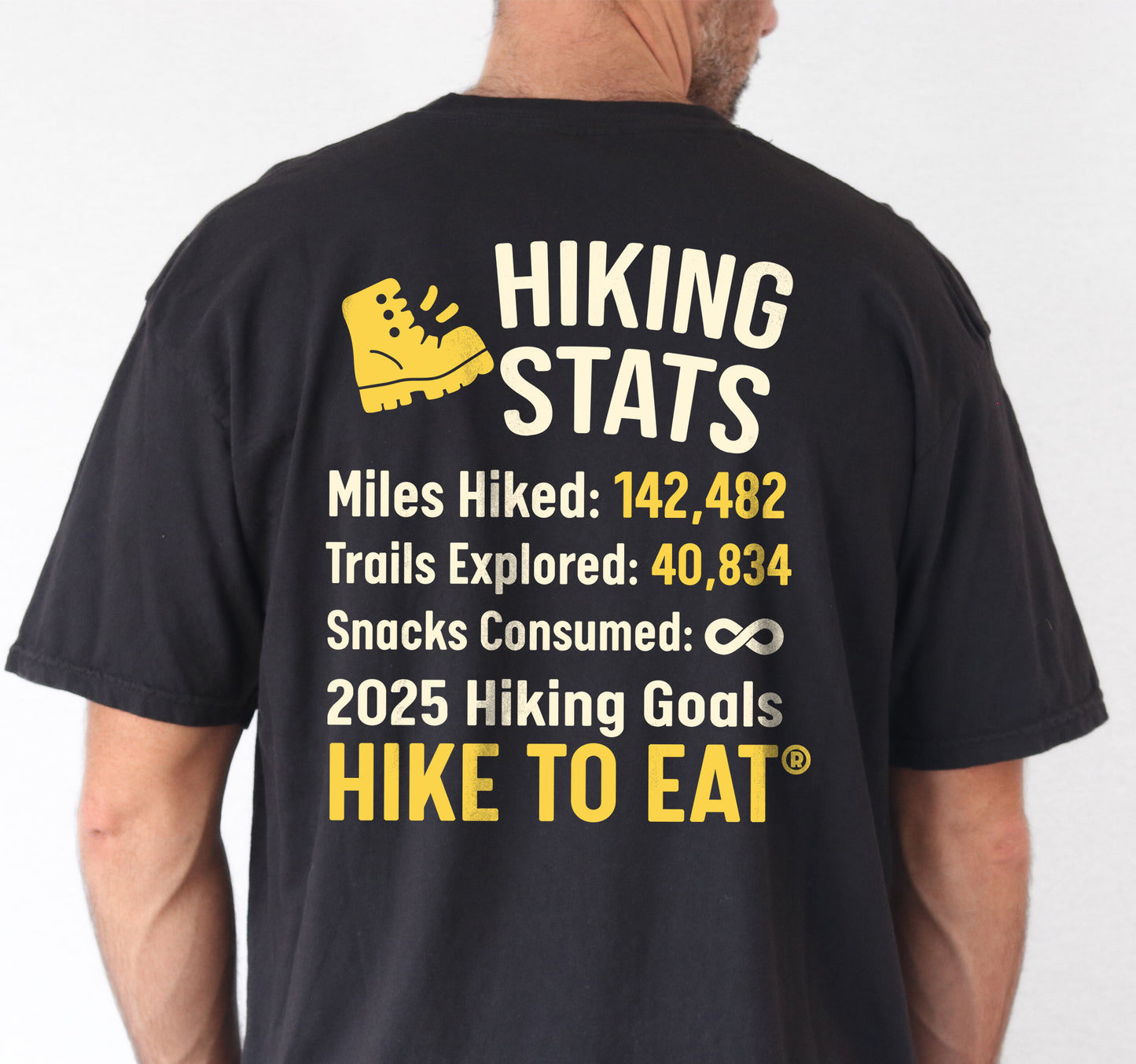 Black Hike to Eat t-shirt front and back view showing small chest detail and large back design featuring 'Hiking Stats' design with yellow hiking boot icon, customizable miles hiked and trails explored numbers, snacks consumed infinity, and 2025 hiking goals 'Hike to Eat ®'.