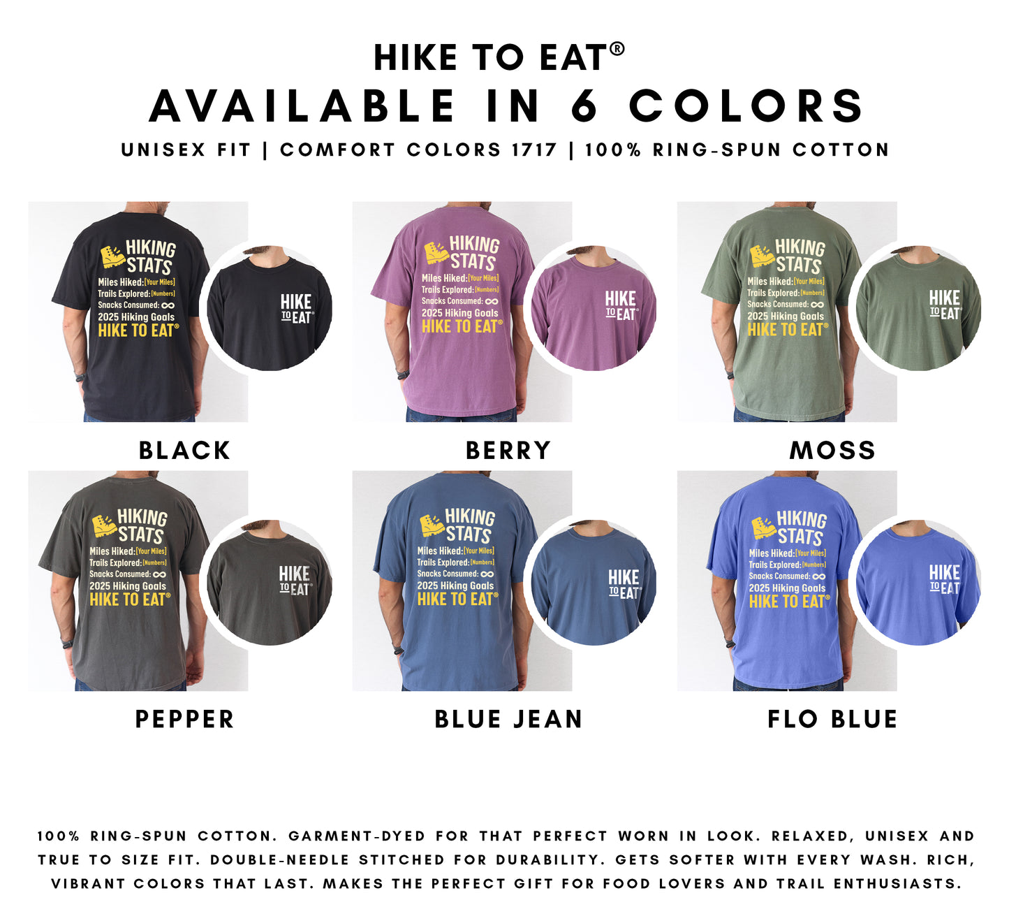 Trail & Snacks Hiking Stats Personalized t-shirt color options chart showing 6 available colors: black, berry, moss, pepper, blue jean, and flo blue with front and back design views featuring customizable hiking statistics and yellow hiking boot icon.