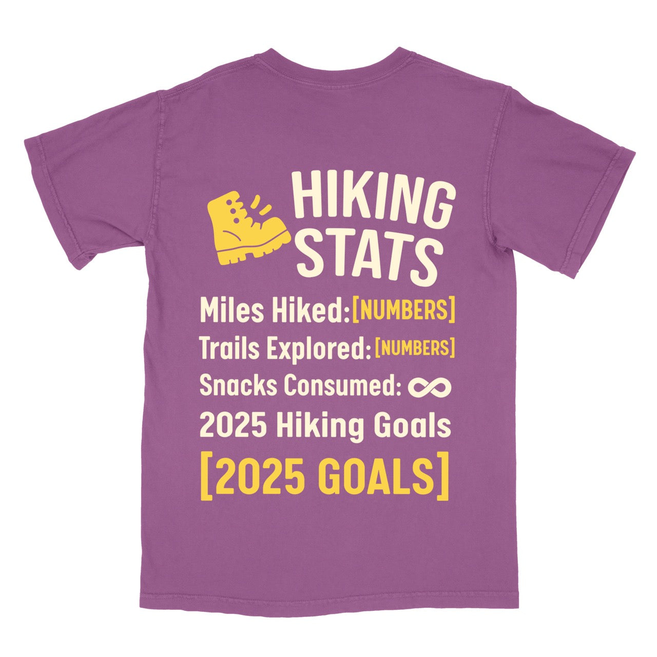 berry Hiking Snack Stats t shirt with miles hiked, trail explored, snack consumed as infinity and a 2025 hiking goal choice