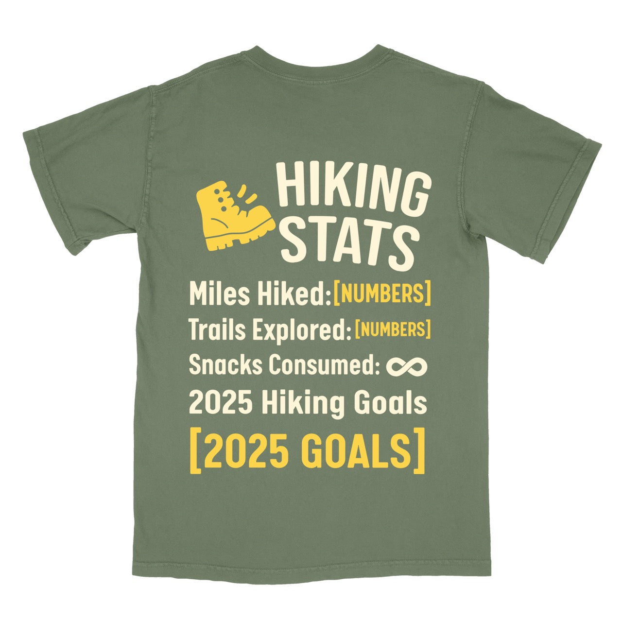 moss (green) Hiking Snack Stats t shirt with miles hiked, trail explored, snack consumed as infinity and a 2025 hiking goal choice