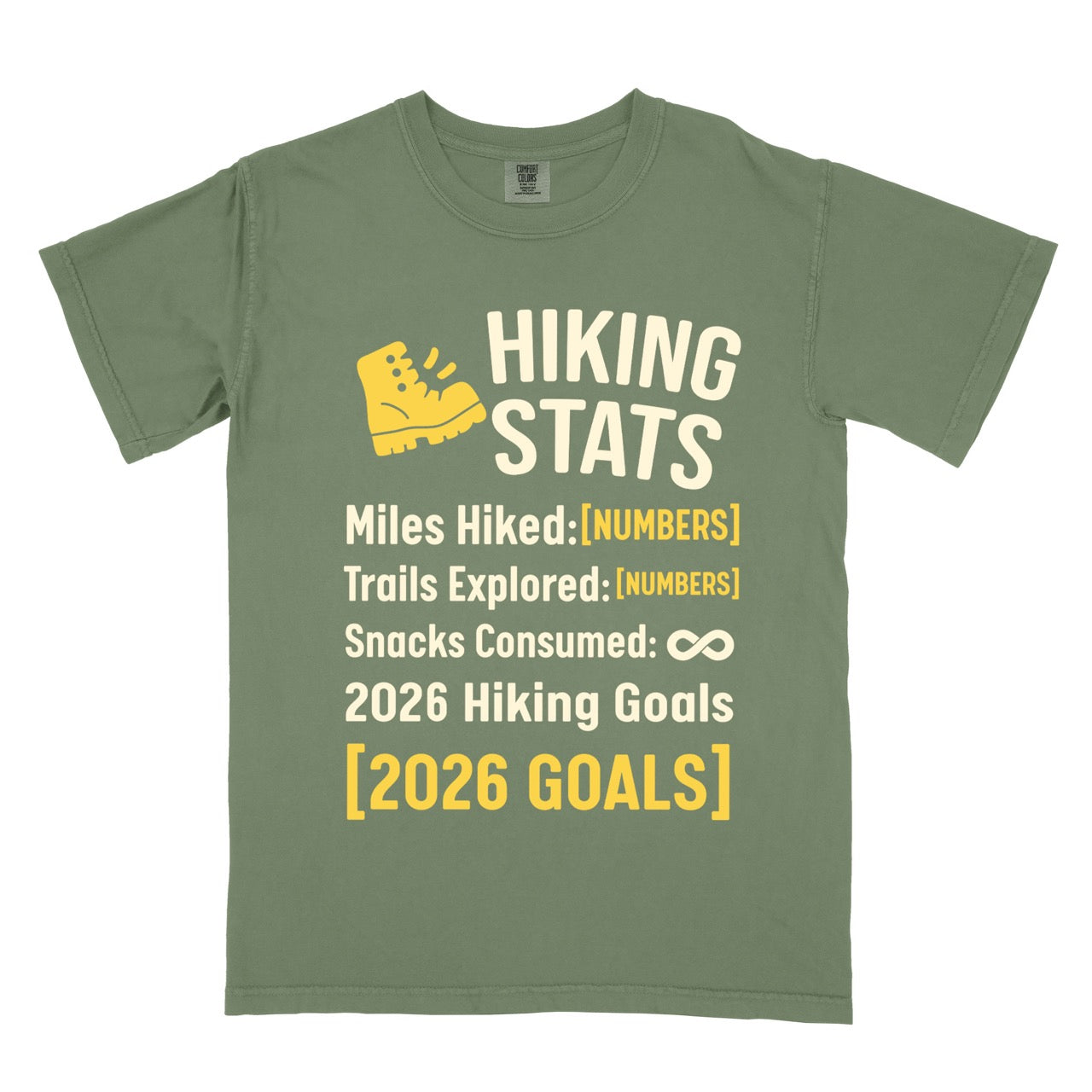 Moss (green) Hiking Snack Stats t shirt with miles hiked, trail explored, snack consumed as infinity and a 2026 hiking goal choice of earn every bite