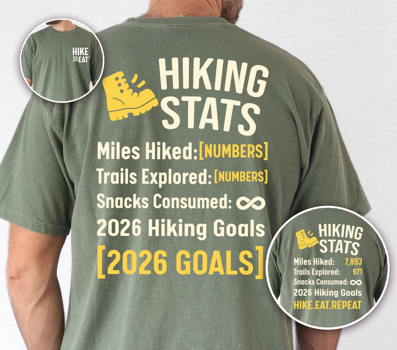 Man wearing moss (green) Hiking Snack Stats t shirt with miles hiked, trail explored, snack consumed as infinity and a 2026 hiking goal choice of earn every bite