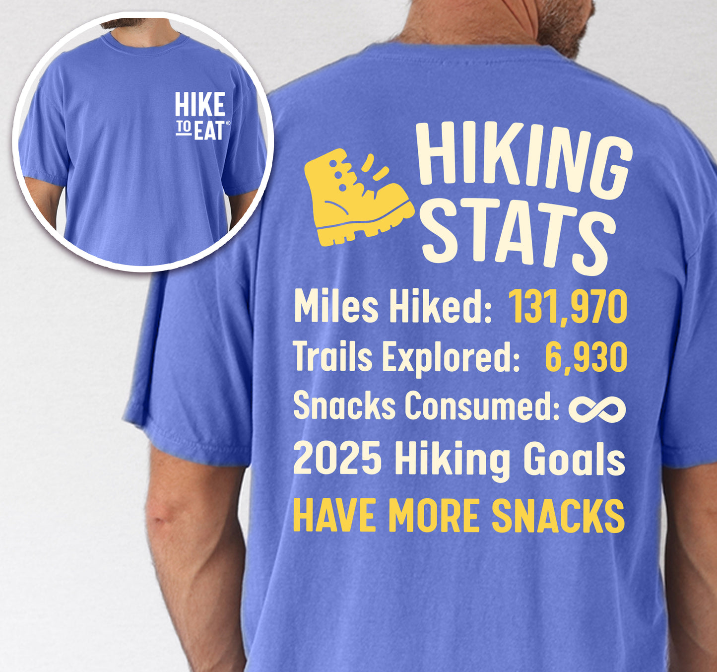 Flo Blue (Bright Blue) Hike to Eat t-shirt front and back view showing small chest detail and large back design featuring 'Hiking Stats' design with yellow hiking boot icon, customizable miles hiked and trails explored numbers, snacks consumed infinity, and 2025 hiking goals 'Have More Snacks'.