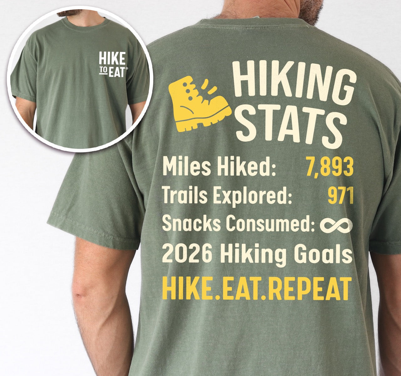 Man wearing moss (green) Hiking Snack Stats t shirt with miles hiked, trail explored, snack consumed as infinity and a 2026 hiking goal choice of earn every bite
