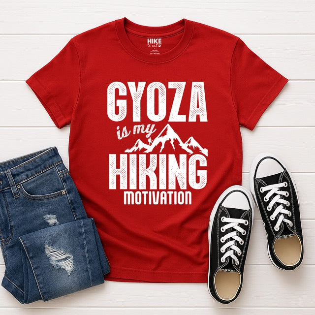 Red t shirt with Gyoza is my Hiking Motivation statement t-shirt with bold distressed typography, mountain peaks, and hiker silhouette for gyoza lovers and outdoor enthusiasts on GSoftstyle 100% cotton