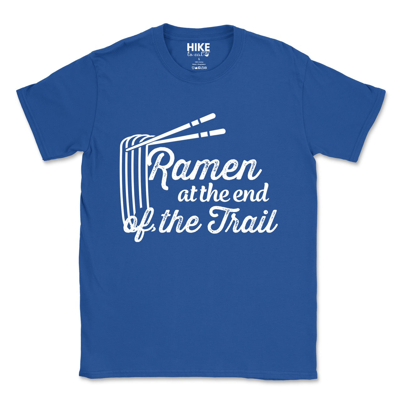 Royal blue Ramen at the End of the Trail statement tee with elegant script typography, ramen bowl illustration, and chopsticks for Japanese noodle-loving outdoor enthusiasts, foodies and hikers