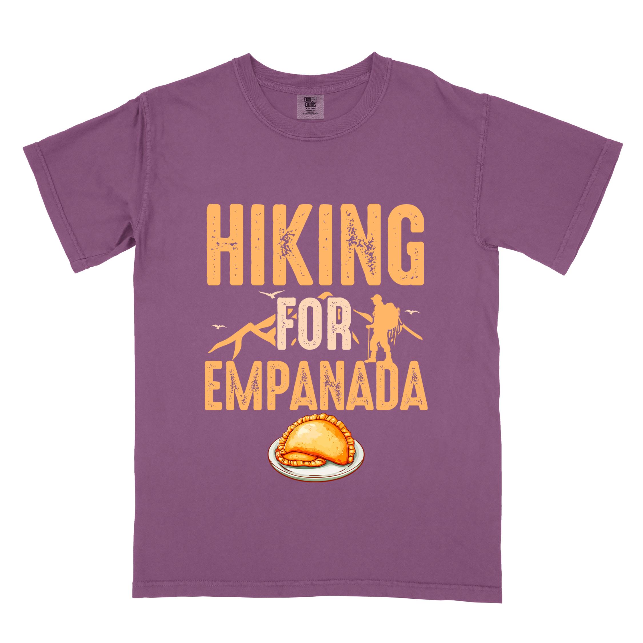 Berry "Hiking for empanada" colored vintage tee with bold typography, illustrated freshly baked empanada, mountains, birds, and backpackers for asian cuisine enthusiasts.