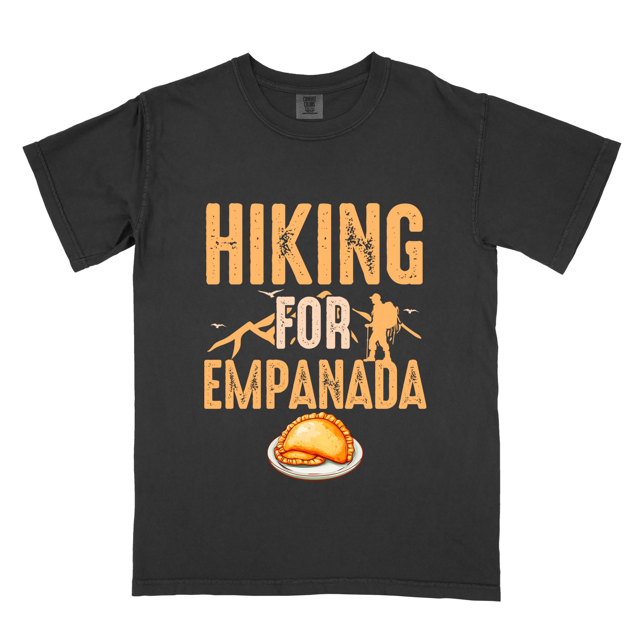 Black "Hiking for empanada" colored vintage tee with bold typography, illustrated freshly baked empanada, mountains, birds, and backpackers for asian cuisine enthusiasts.