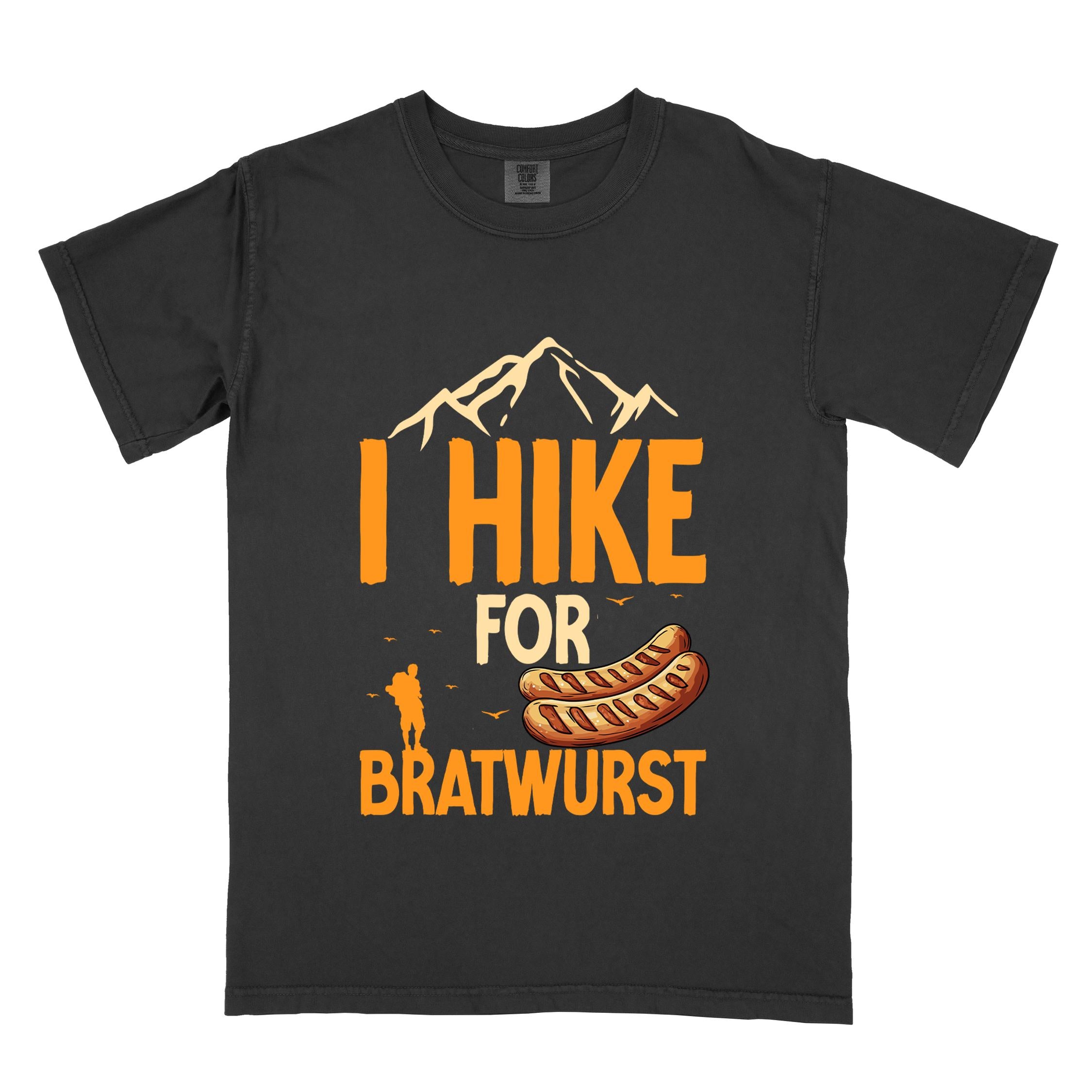 Black "I hike for bratwurst" colored vintage tee with bold typography, illustrated bratwurst, mountains, birds, and backpackers for street dog lovers.