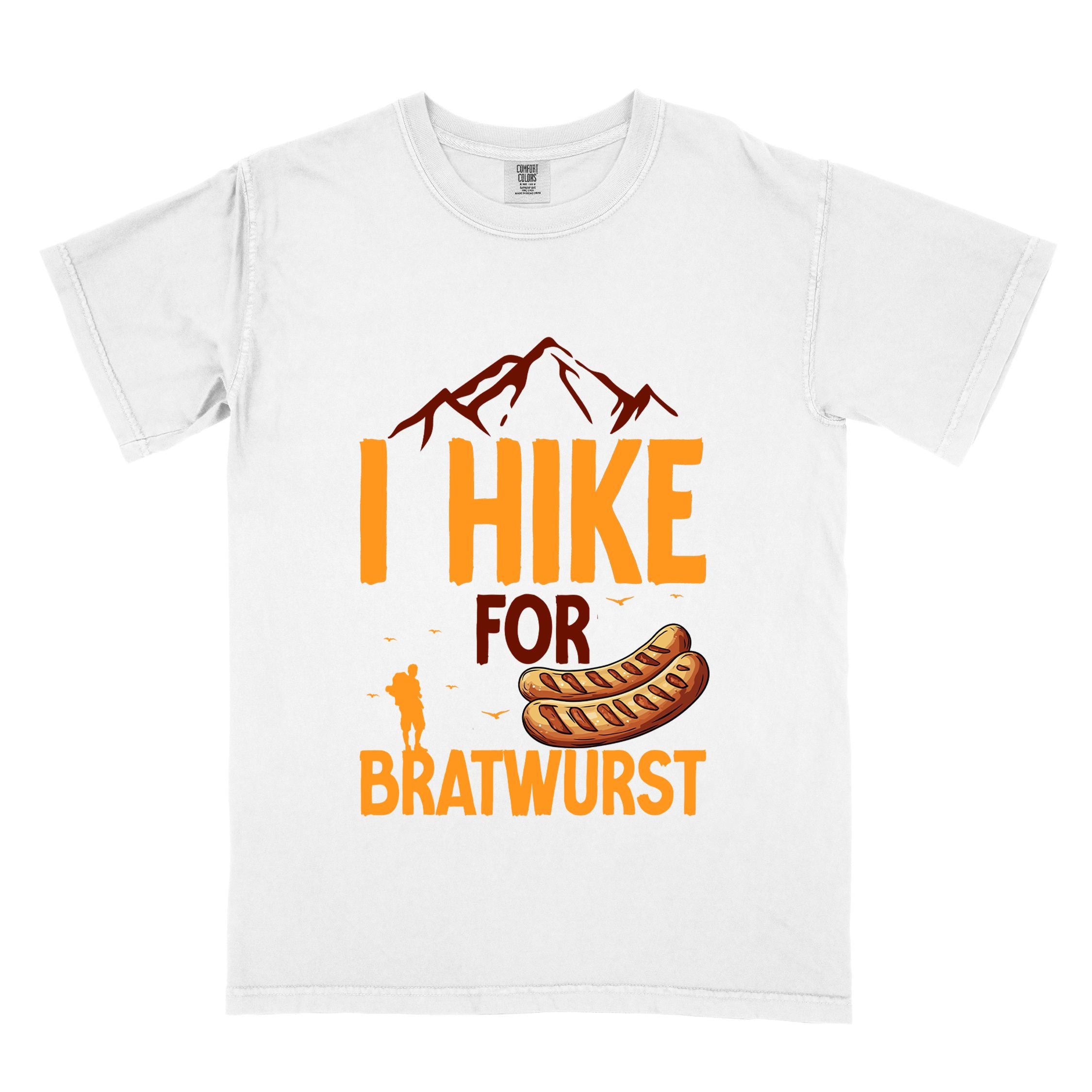 White "I hike for bratwurst" colored vintage tee with bold typography, illustrated bratwurst, mountains, birds, and backpackers for street dog lovers.