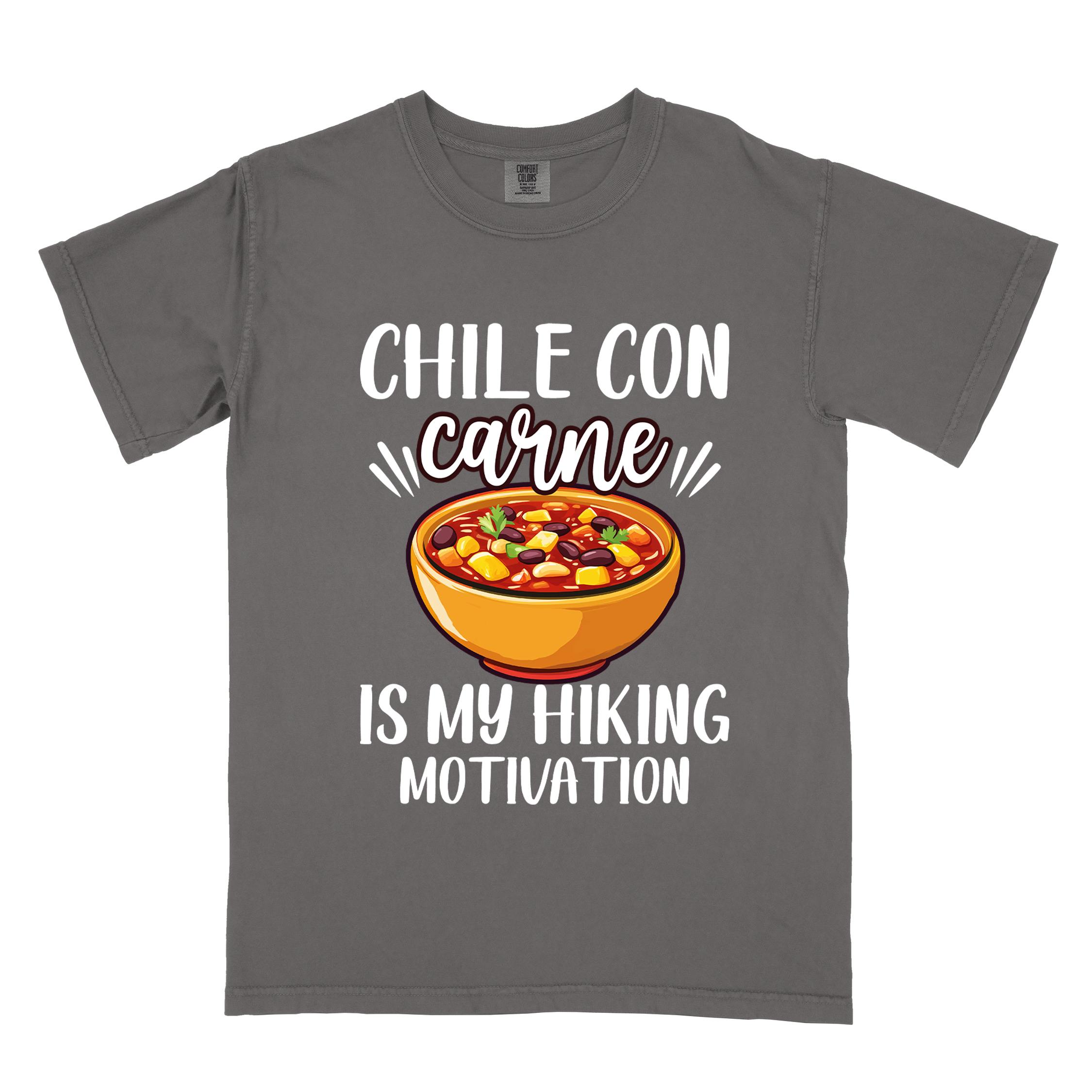 Pepper Chile con carne is my Hiking Motivation statement tee with bold typography, script lettering, and colorful chili bowl illustration for comfort food-loving outdoor enthusiasts