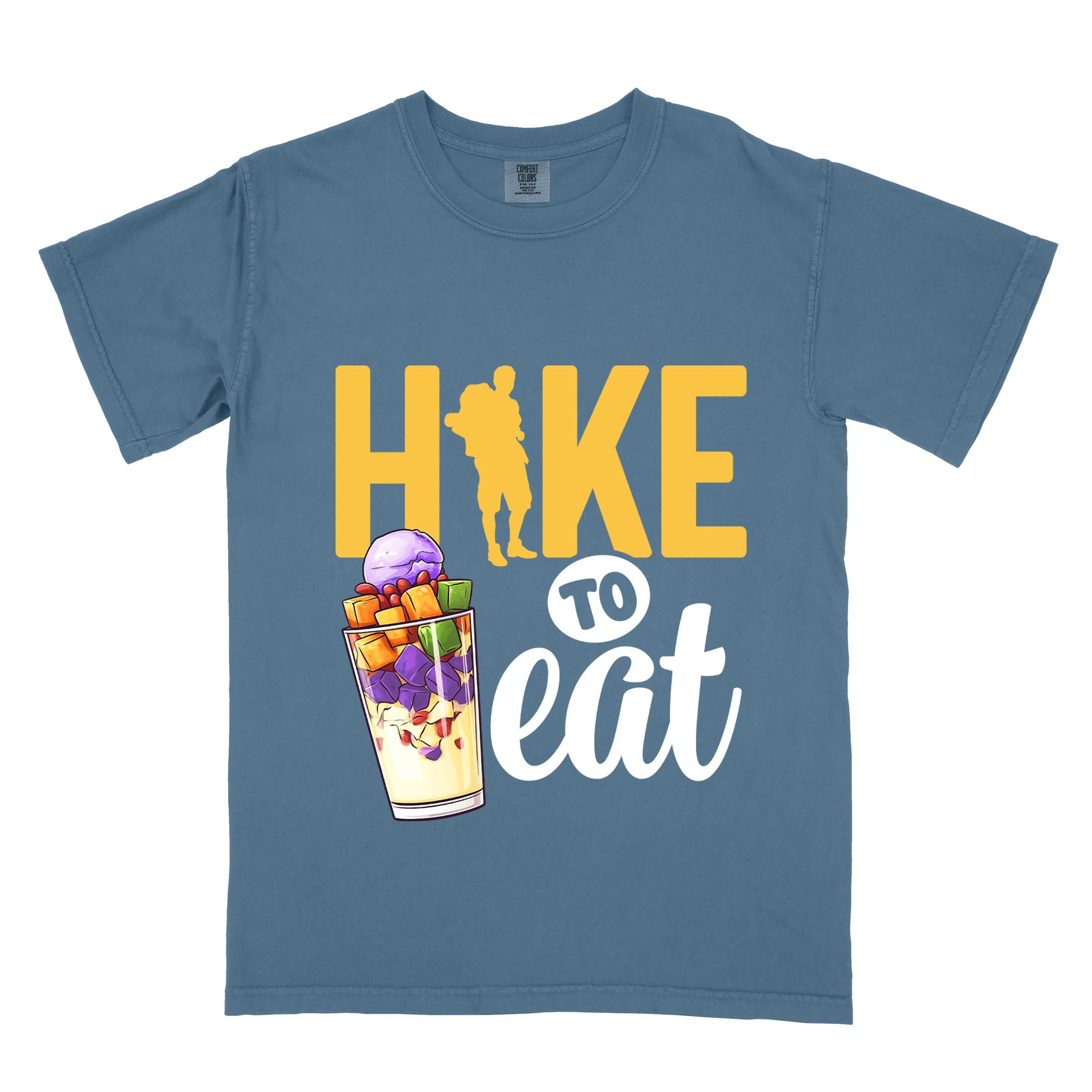blue jean "hike to eat" colored vintage tee with bold typography, illustrated halo-halo dessert, and backpackers for iced dessert lovers.