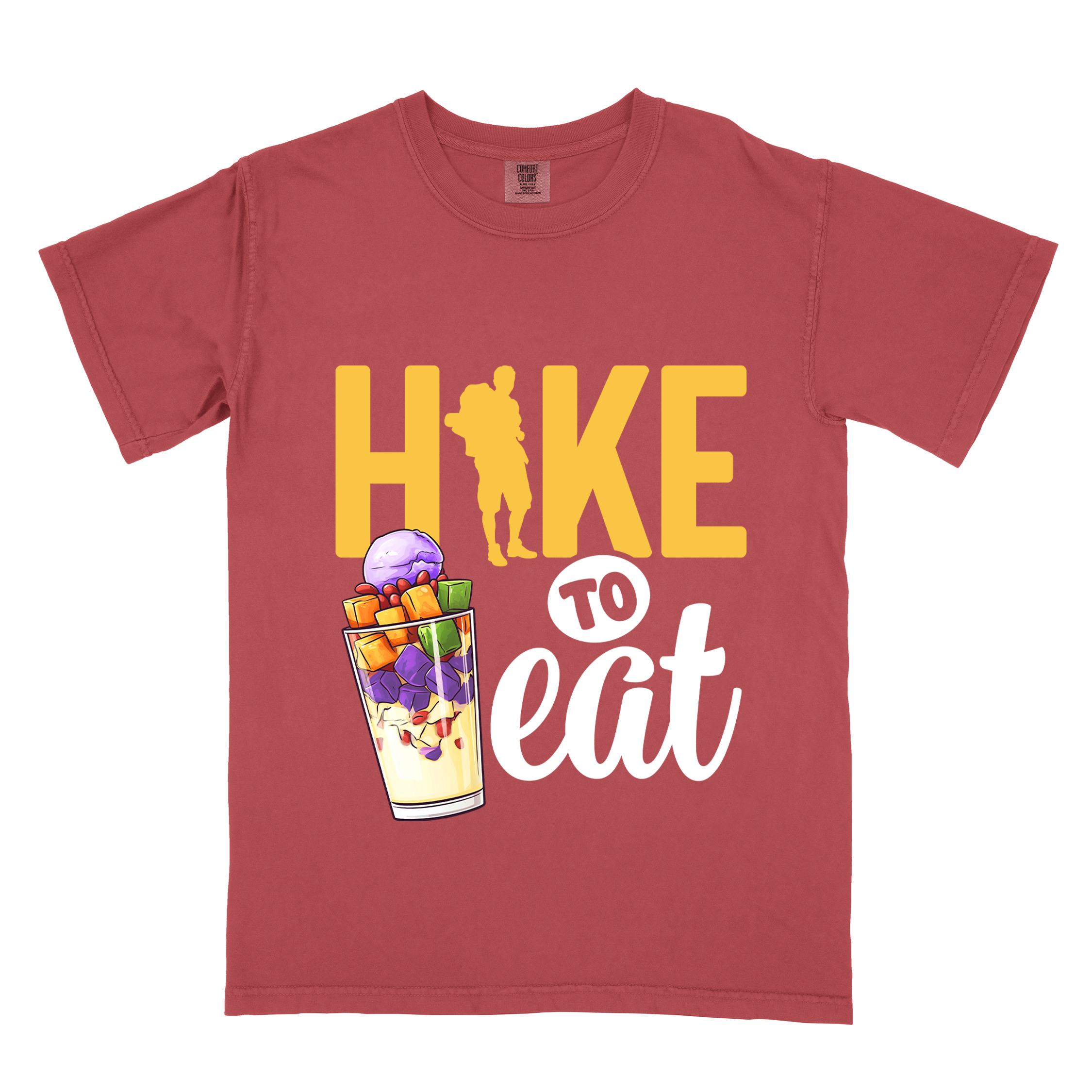 Crimson "hike to eat" colored vintage tee with bold typography, illustrated halo-halo dessert, and backpackers for iced dessert lovers.