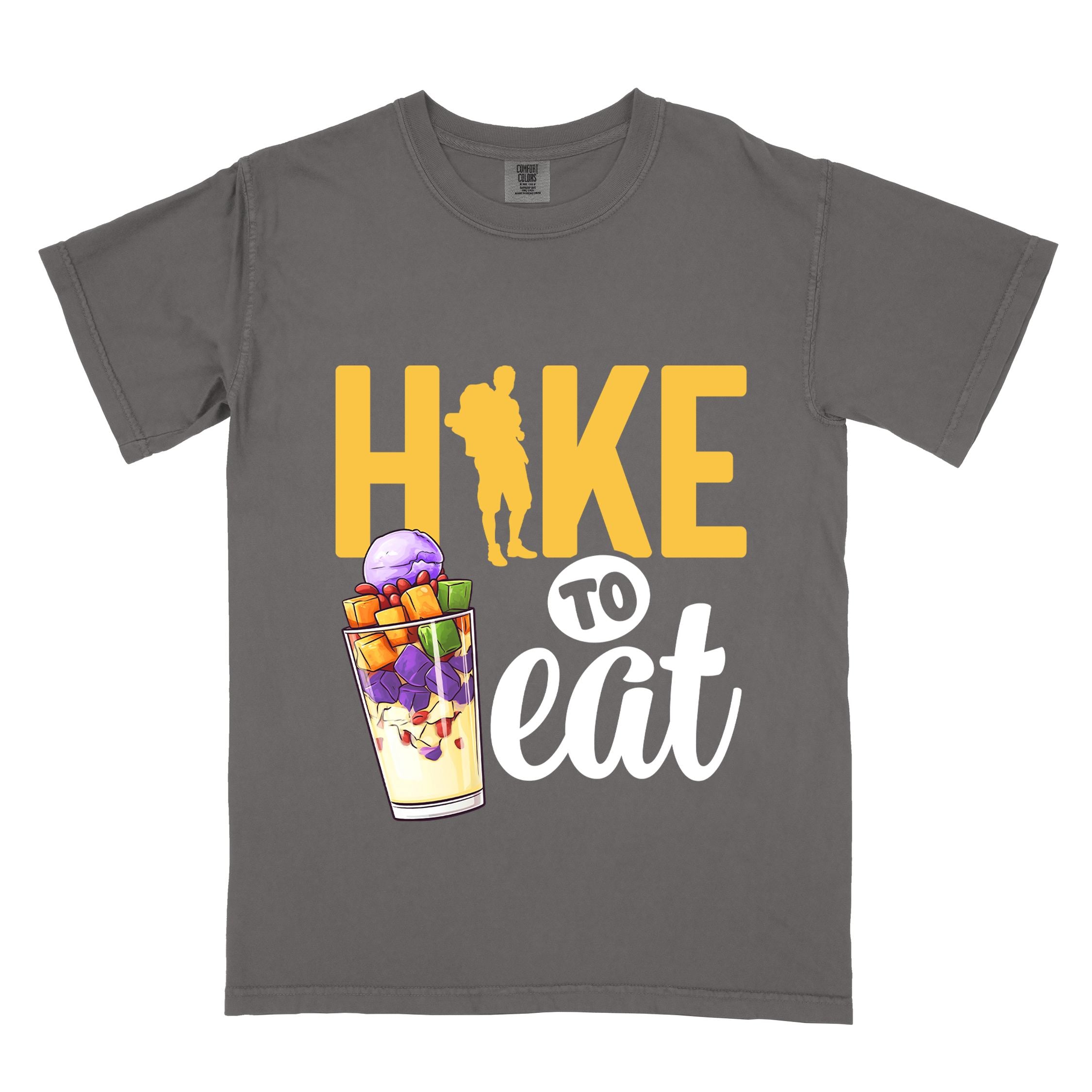 Pepper "hike to eat" colored vintage tee with bold typography, illustrated halo-halo dessert, and backpackers for iced dessert lovers.