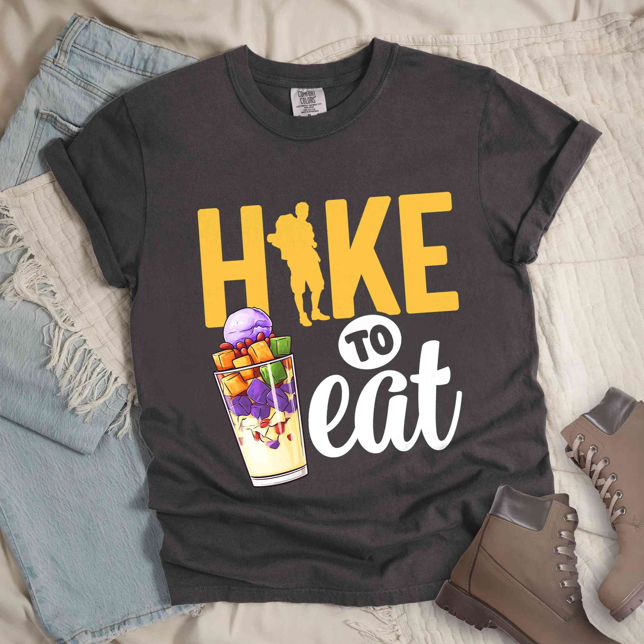 Pepper "hike to eat" colored vintage tee with bold typography, illustrated halo-halo dessert, and backpackers for iced dessert lovers.
