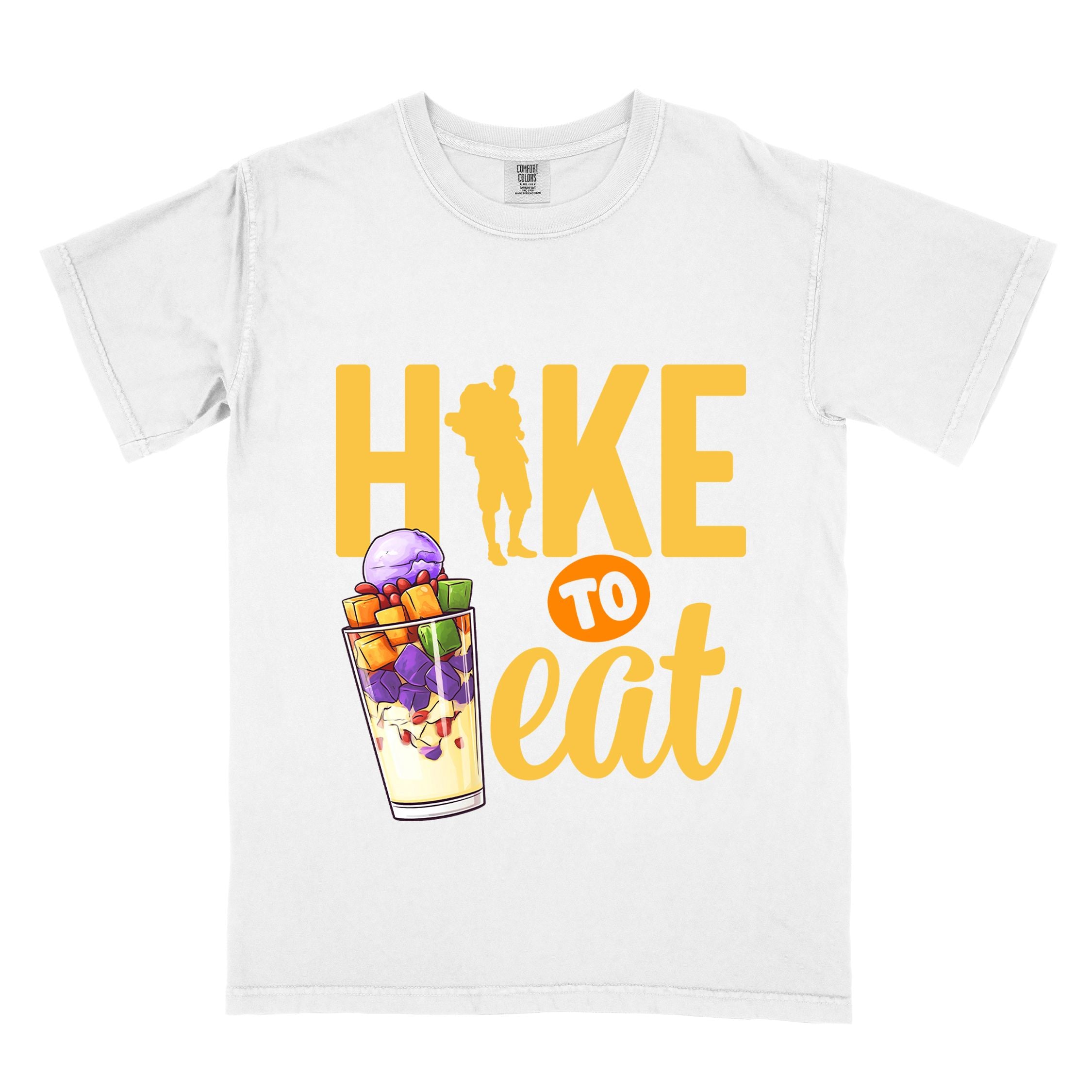 White "hike to eat" colored vintage tee with bold typography, illustrated halo-halo dessert, and backpackers for iced dessert lovers.