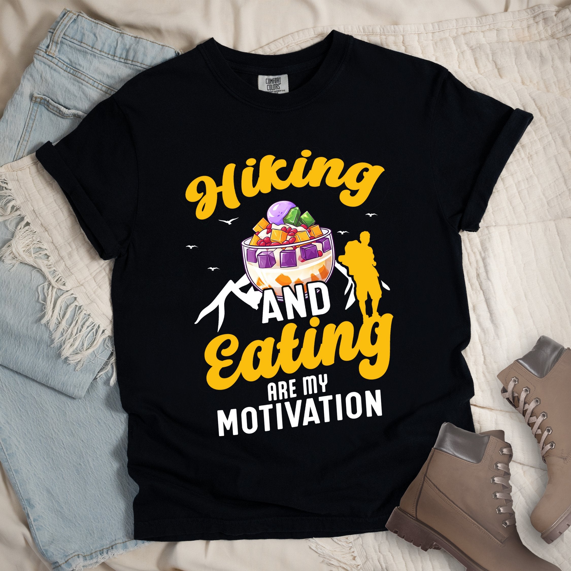 Black shirt with Hiking Design featuring the phrase “Hiking and Eating Are My Motivation” and an illustration of halo-halo in a bowl.