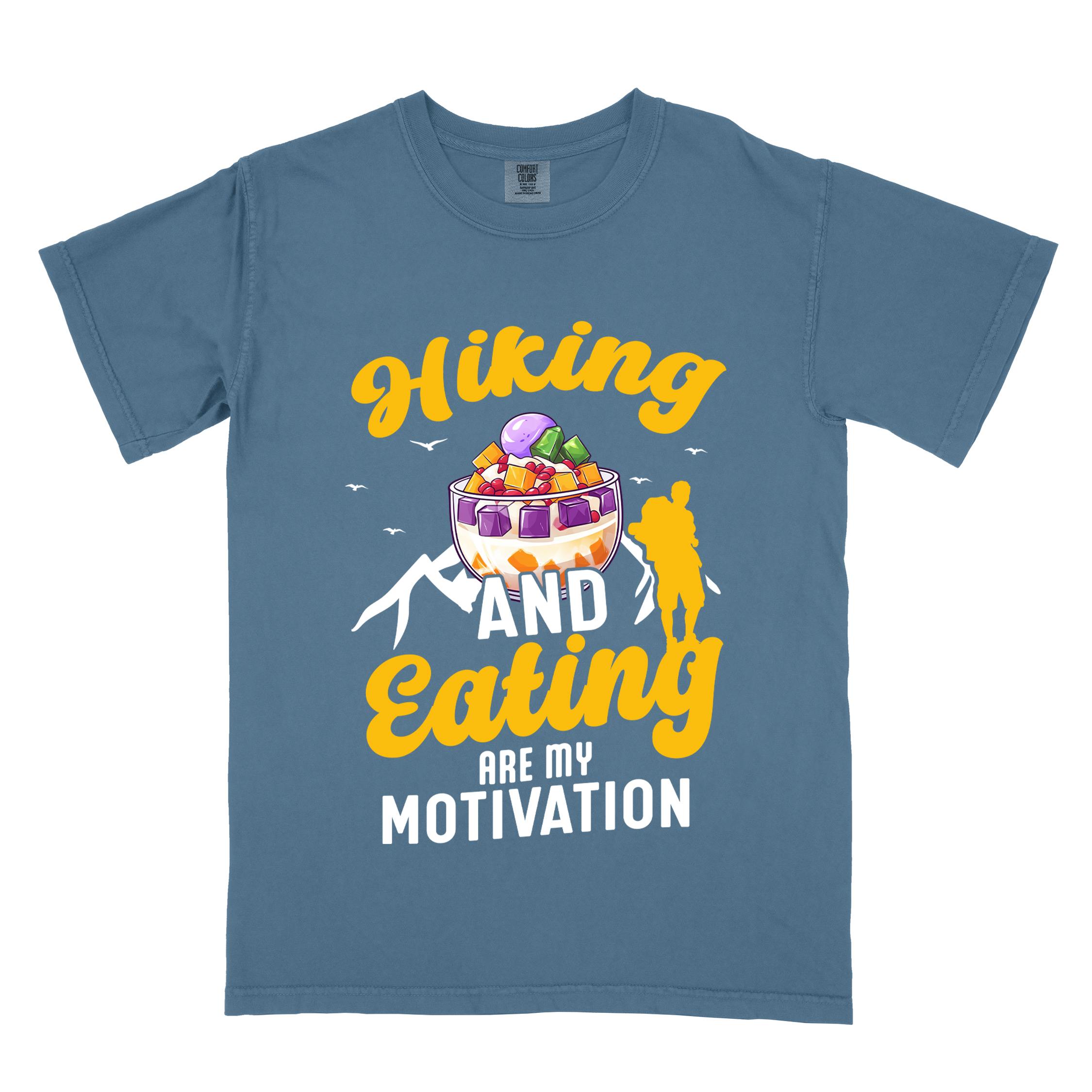 Blue jean "hiking and eating are my motivation" colored vintage tee with bold typography, illustrated halo-halo dessert, and backpackers for filipino dessert lovers.