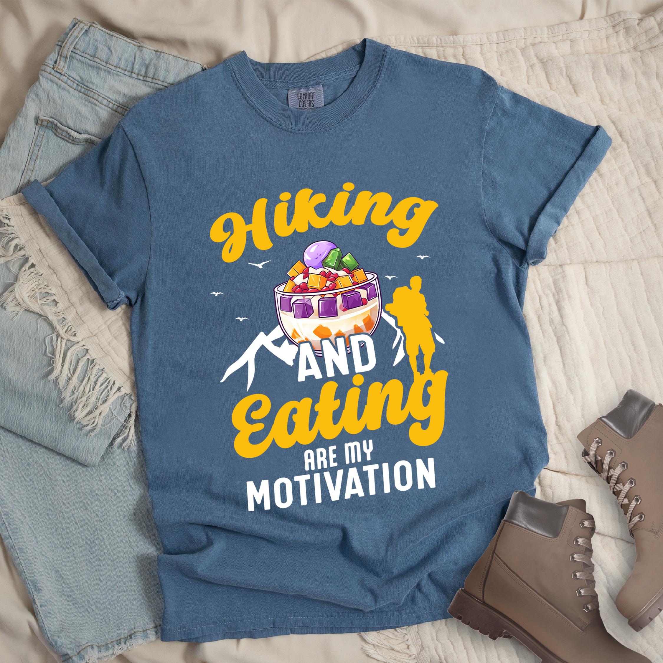 Dark blue shirt with Hiking Design featuring the phrase “Hiking and Eating Are My Motivation” and an illustration of halo-halo in a bowl.