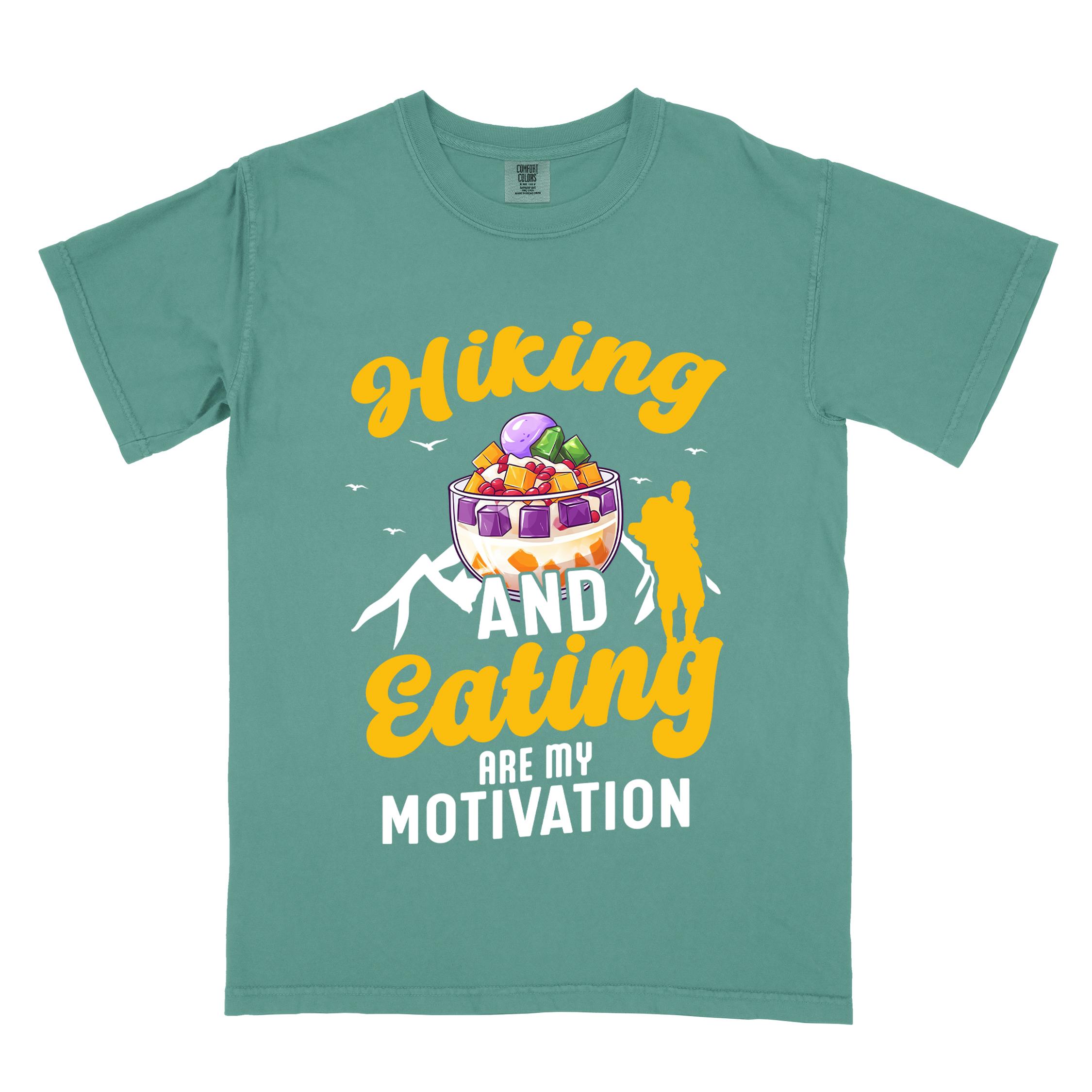 Light green "hiking and eating are my motivation" colored vintage tee with bold typography, illustrated halo-halo dessert, and backpackers for filipino dessert lovers.