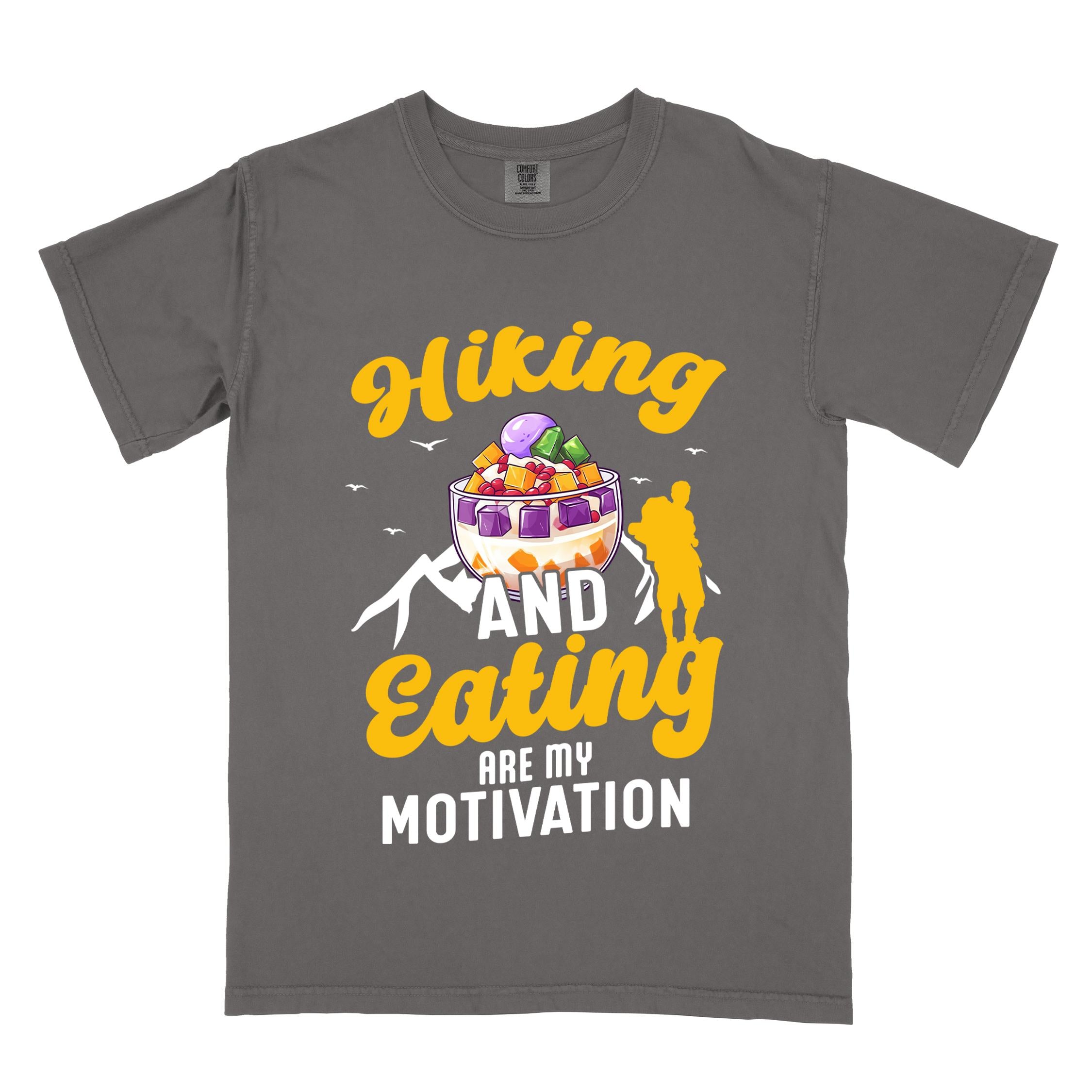 Pepper "hiking and eating are my motivation" colored vintage tee with bold typography, illustrated halo-halo dessert, and backpackers for filipino dessert lovers.