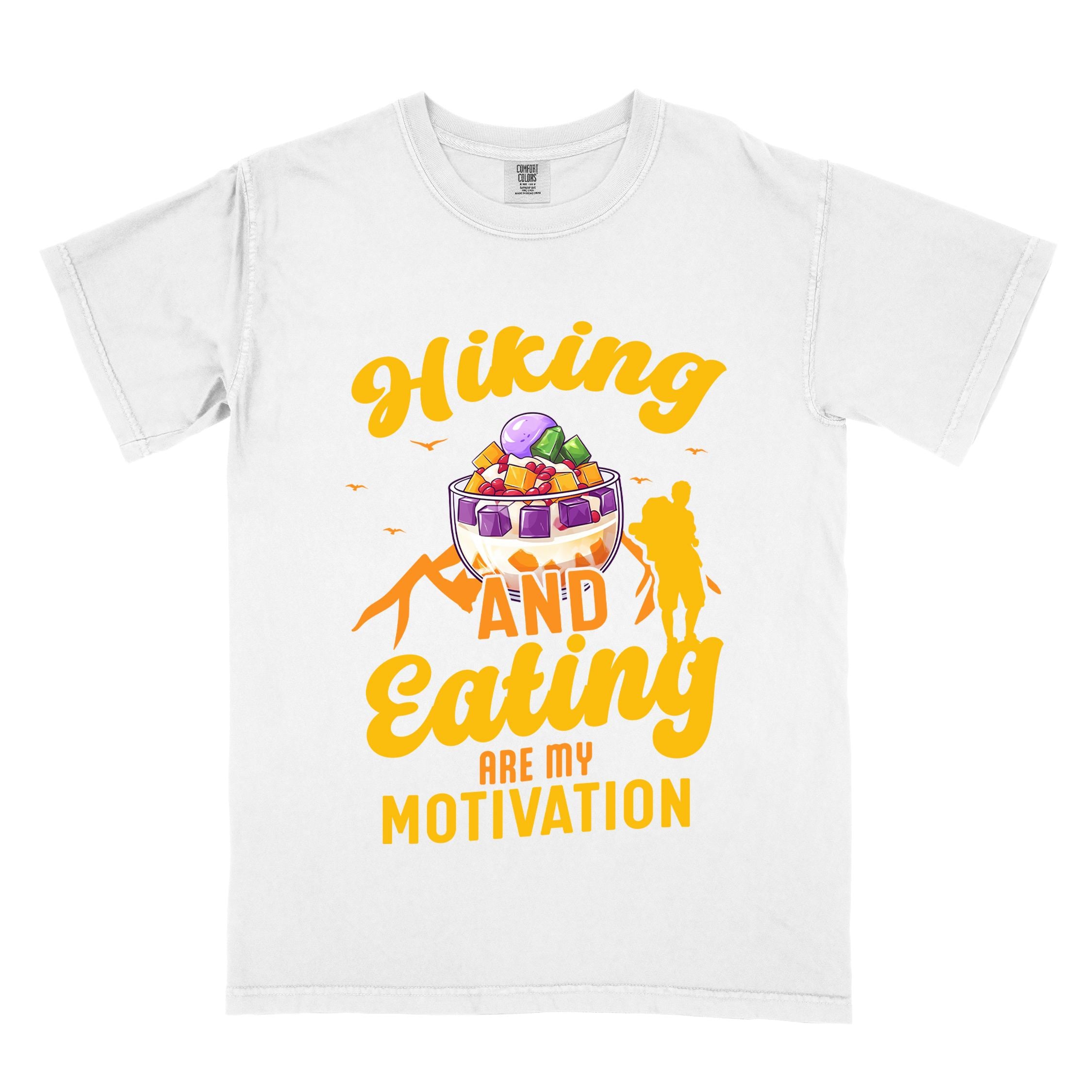 White "hiking and eating are my motivation" colored vintage tee with bold typography, illustrated halo-halo dessert, and backpackers for filipino dessert lovers.