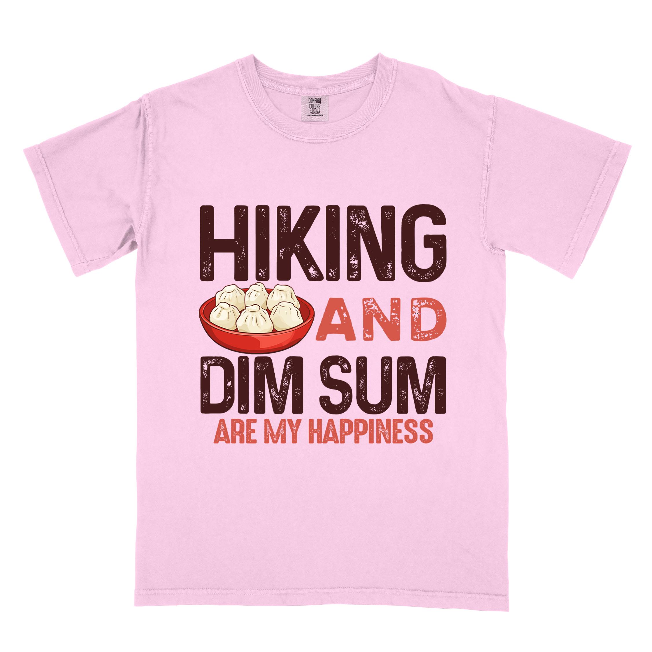 Blossom "Hiking and dim sum are my happiness" colored statement tee with bold typography, and steamed dim sum illustration for dim sum-loving outdoor enthusiasts, hikers and foodies
