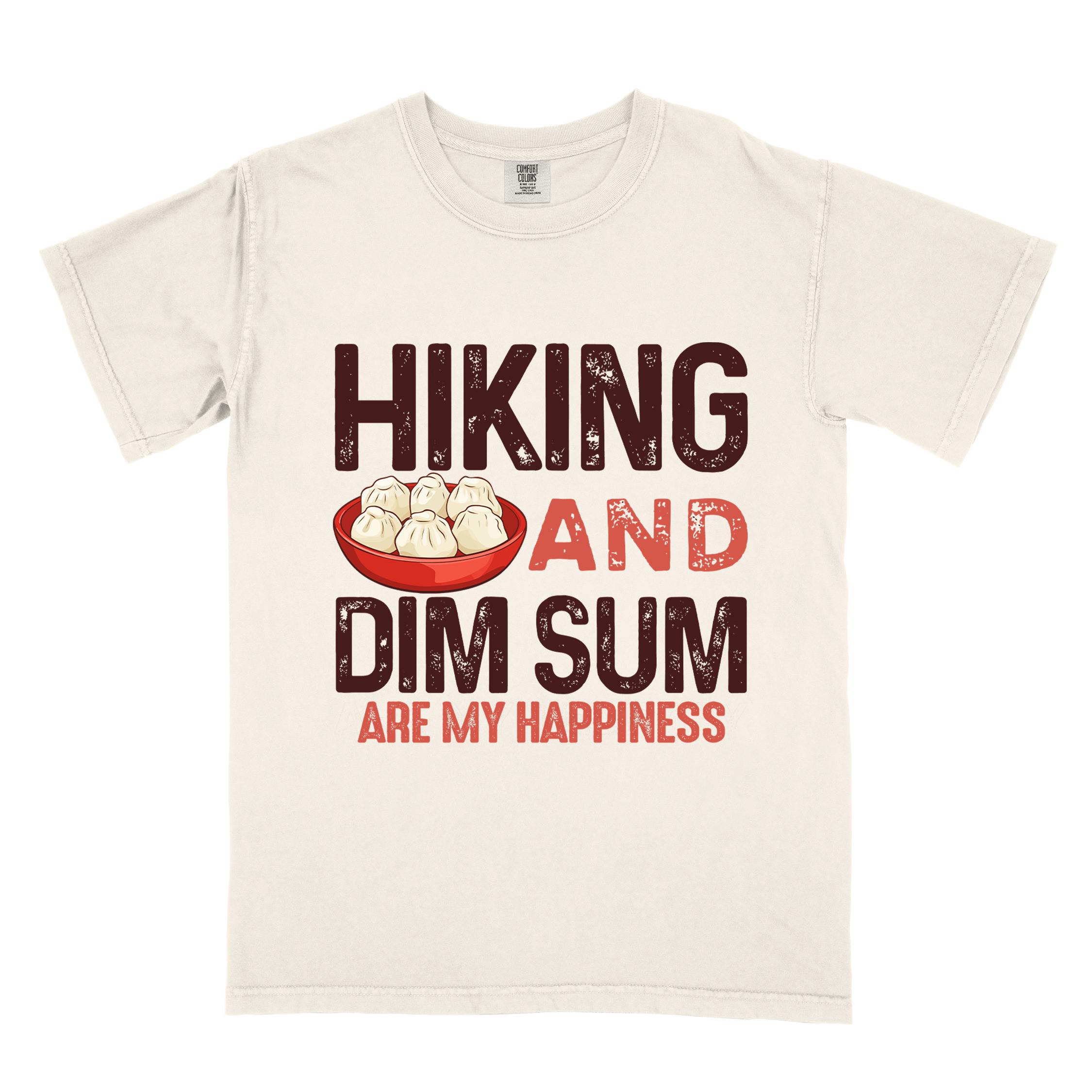 Ivory "Hiking and dim sum are my happiness" colored statement tee with bold typography, and steamed dim sum illustration for dim sum-loving outdoor enthusiasts, hikers and foodies