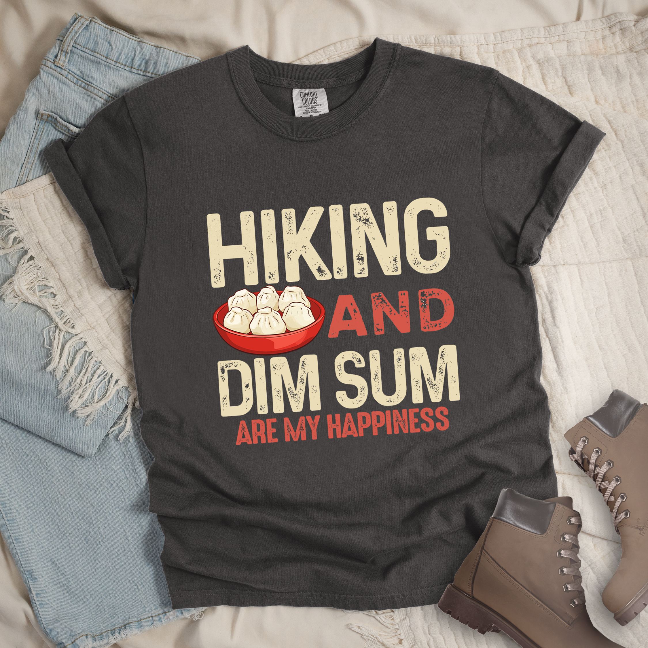 Dark grey shirt with Hiking Design featuring the phrase “Hiking and Dim Sum Are My Happiness” and an illustration of steamed dim sum in a red bowl.