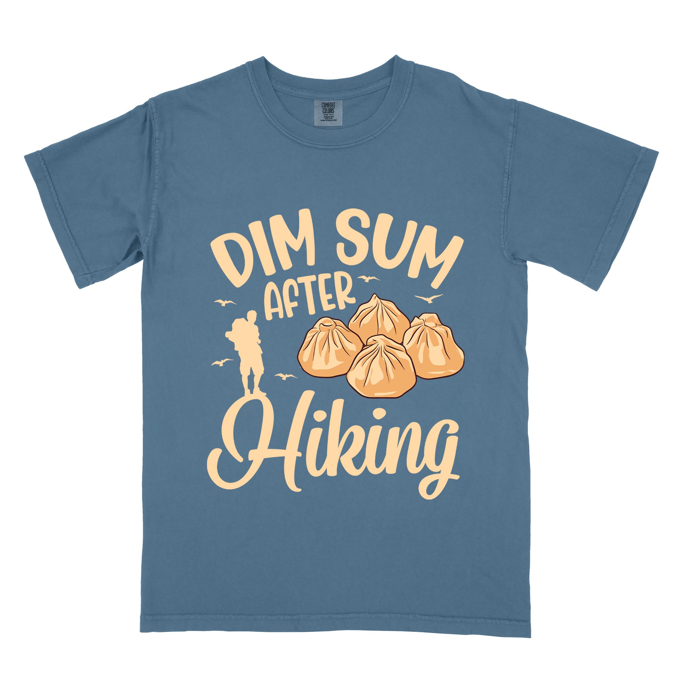 blue jean "dim sum after hiking" colored statement tee with bold typography, and steamed dim sum illustration for dim sum-loving outdoor enthusiasts, hikers and foodies