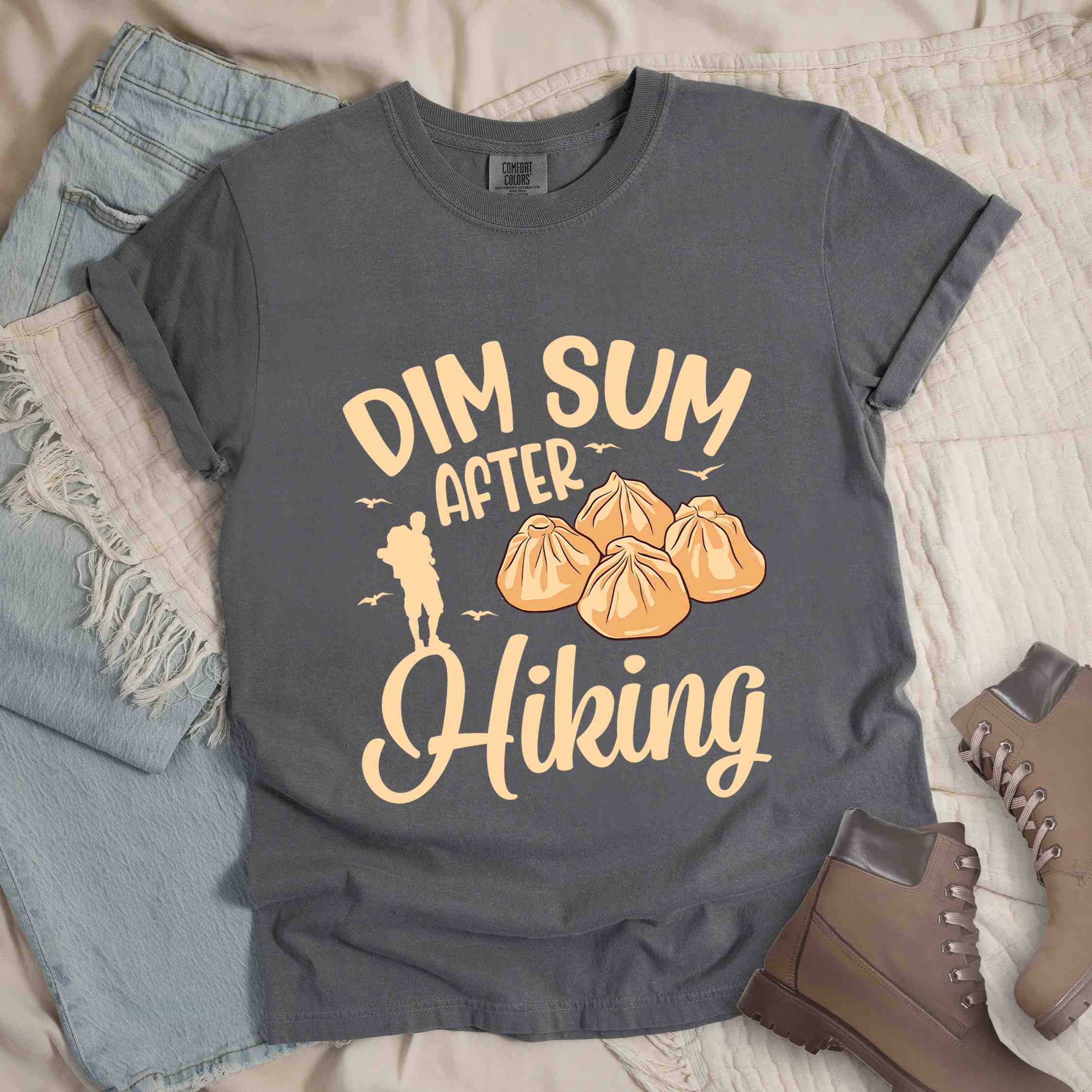 gray "dim sum after hiking" colored statement tee with bold typography, and steamed dim sum illustration for dim sum-loving outdoor enthusiasts, hikers and foodies