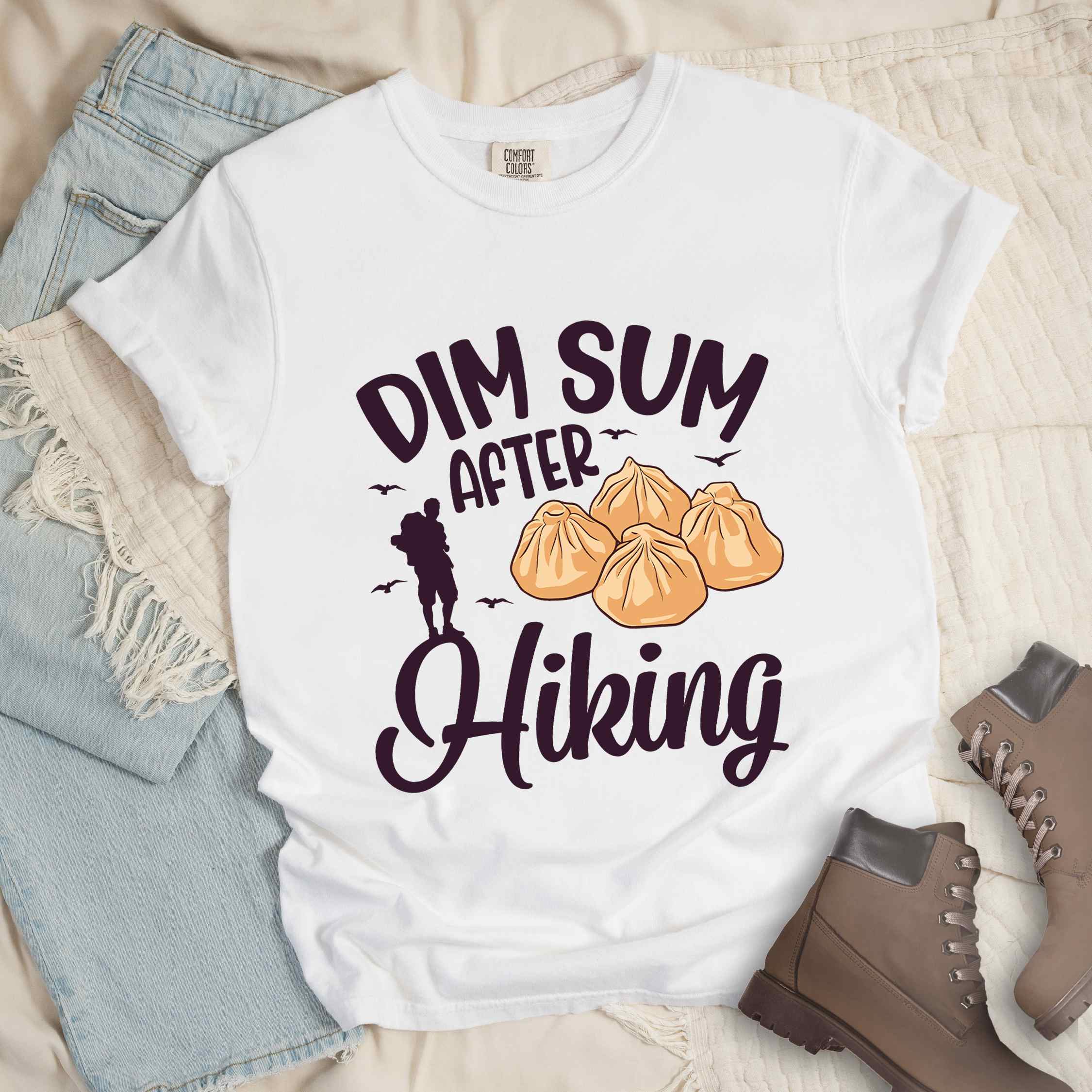 white "dim sum after hiking" colored statement tee with bold typography, and steamed dim sum illustration for dim sum-loving outdoor enthusiasts, hikers and foodies