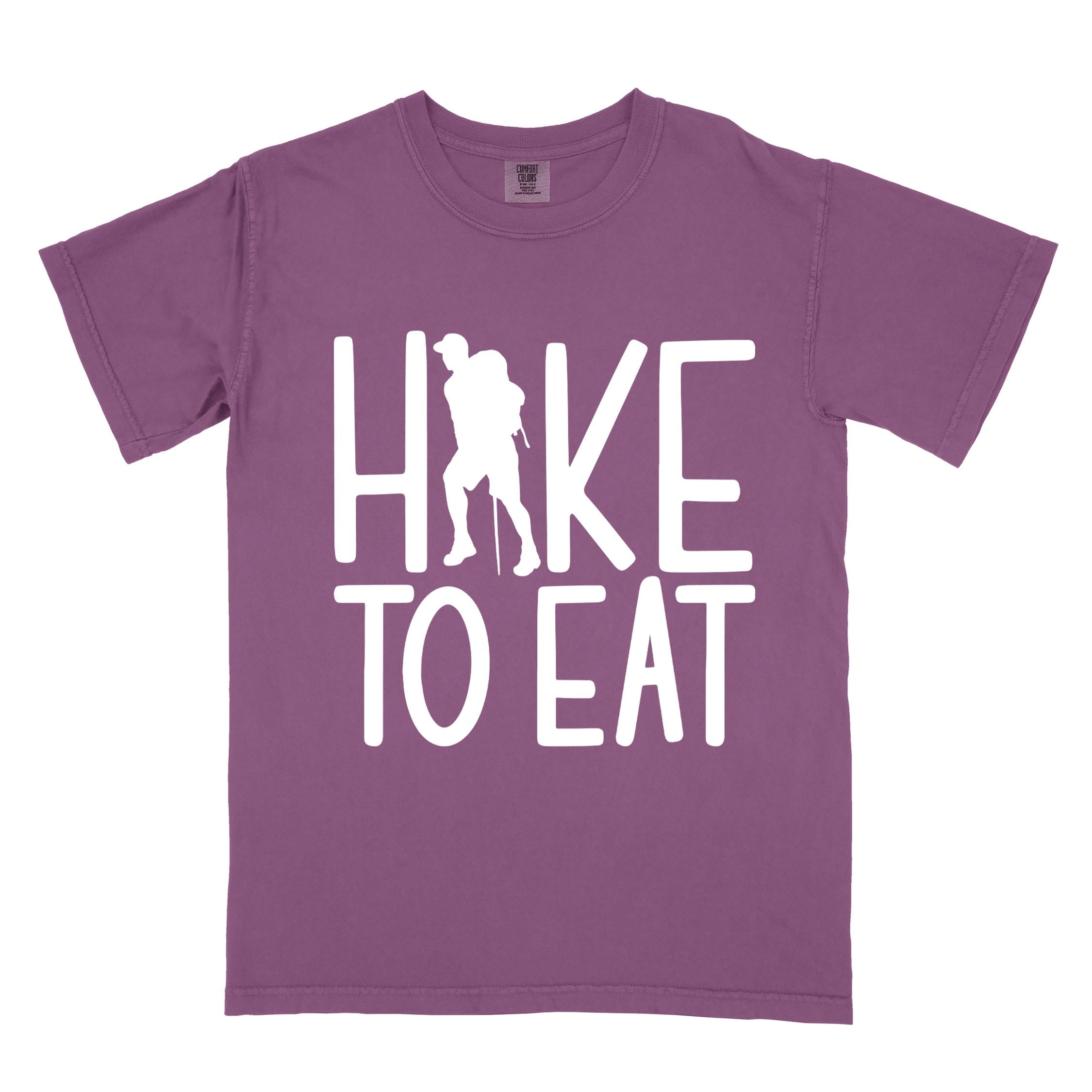 Berry "Hike to Eat" colored statement tee with bold typography, perfect for food motivated individuals.