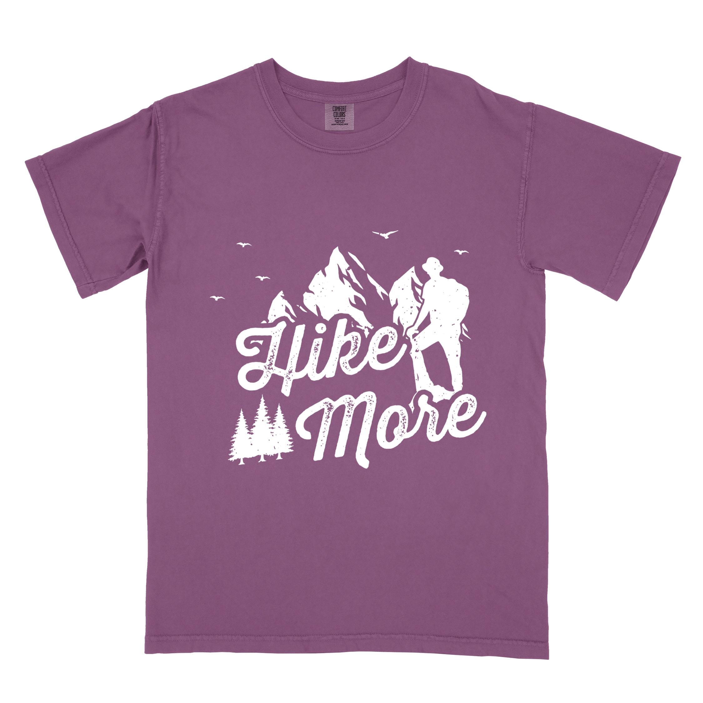 Berry "Hike More" colored statement tee with bold typography, mountains, birds, perfect for food motivated individuals.